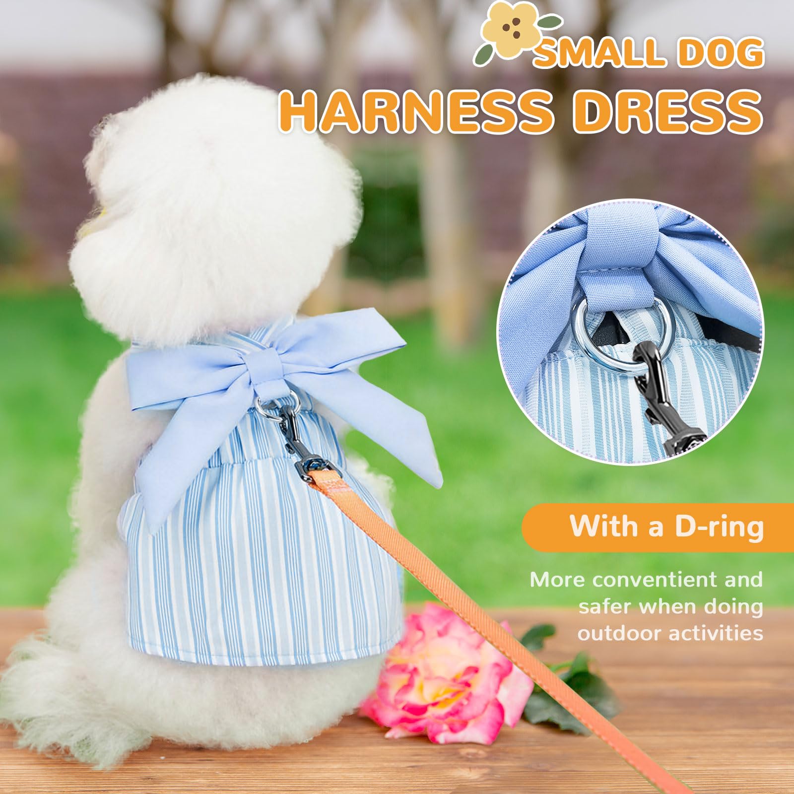 Cute Striped Summer Dog Dress with Bowknot - Adjustable Harness Outfit for Small Dogs, Chihuahua, Yorkie, Pug & Cats (Blue, Large) - Perfect for Birthdays, Parties & Daily Walks