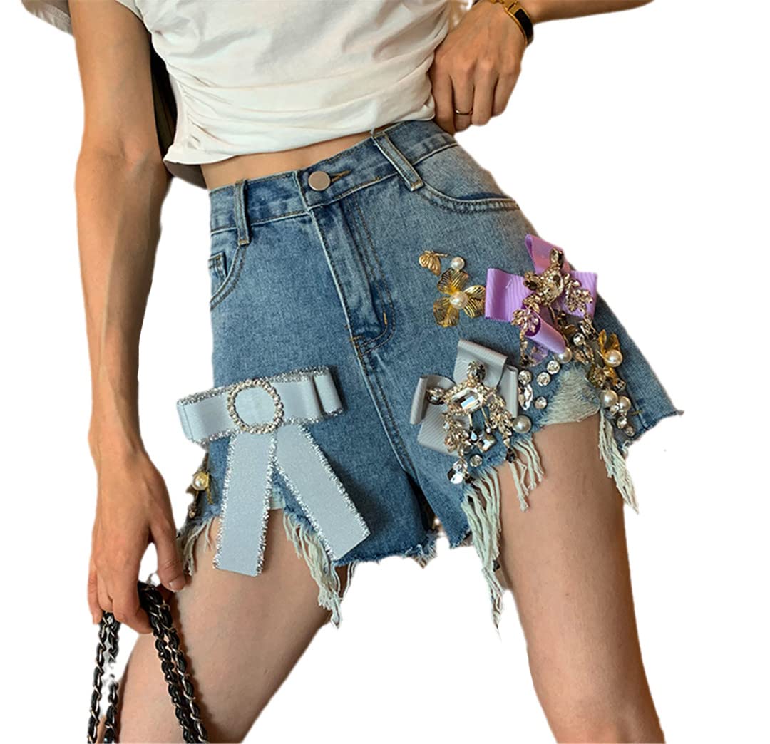 Women's Summer Ripped Denim Shorts - Mid Waist Distressed Beaded Shorts for Casual Wear, Beach Outings & Music Festivals