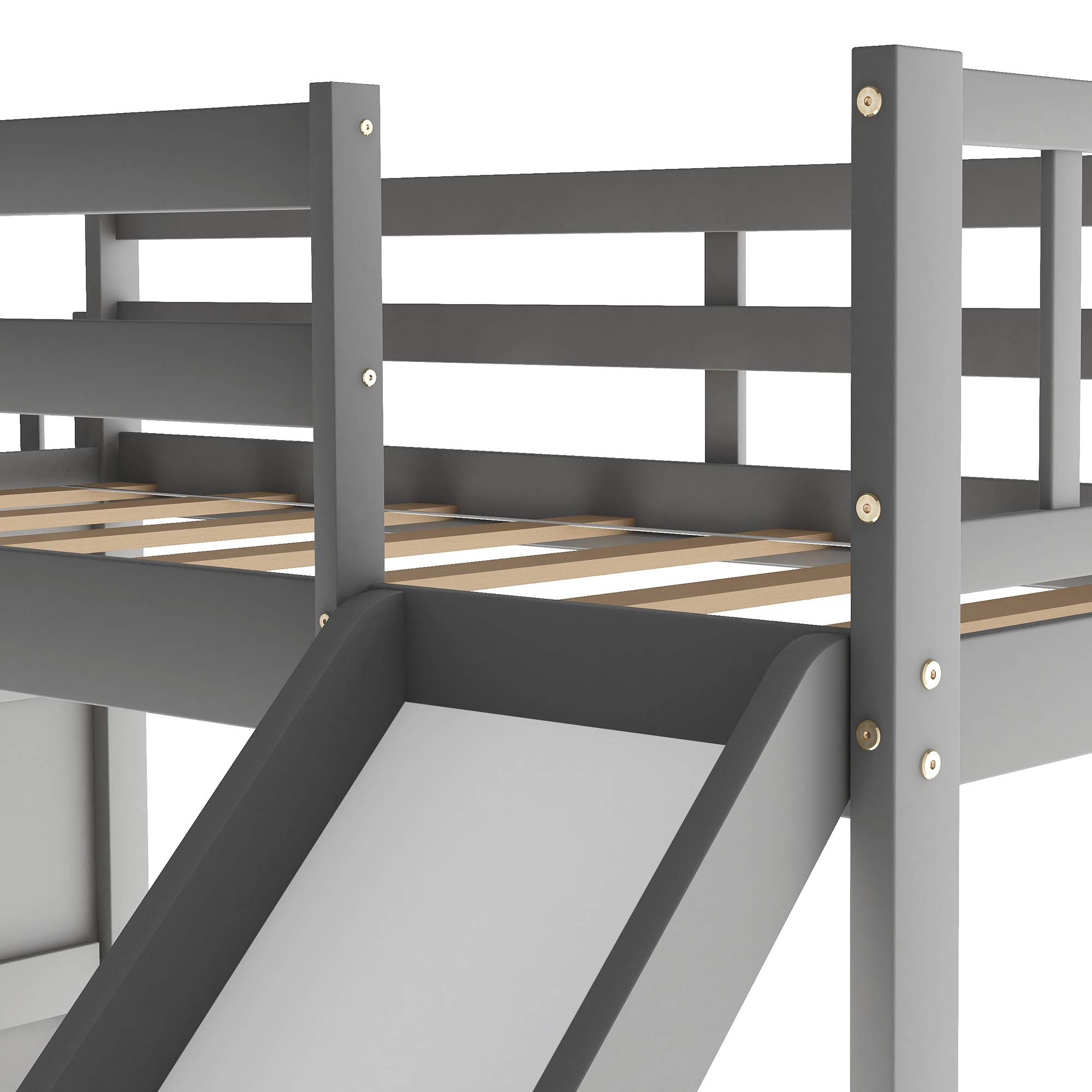 Twin Over Twin Bunk Bed with Slide & Storage Staircase - Kids & Teens Bunk Bed, No Box Spring Needed (Gray) - Perfect for Small Bedrooms, Shared Kids Rooms & Space-Saving Solutions