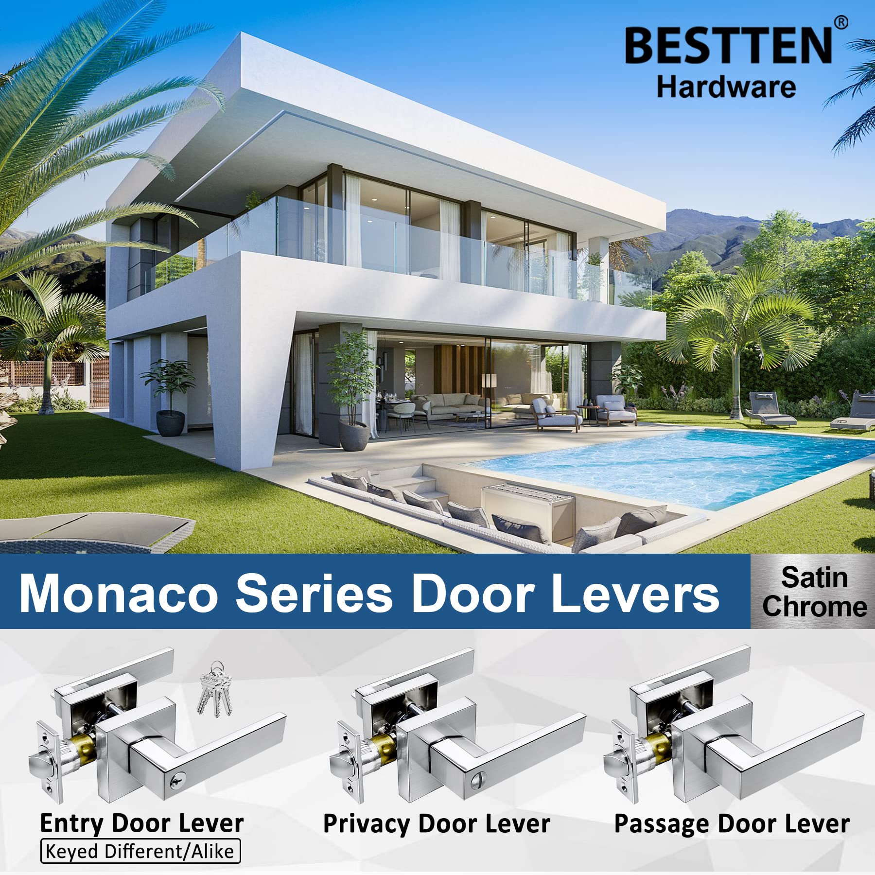 BESTTEN 3-Pack Square Passage Door Lever No Key - Heavy Duty Interior Door Handle for Hallway Closet & Bedroom - Monaco Series Satin Chrome Finish with Removable Latch Plate - Perfect for Residential Homes, Apartments and Office Spaces