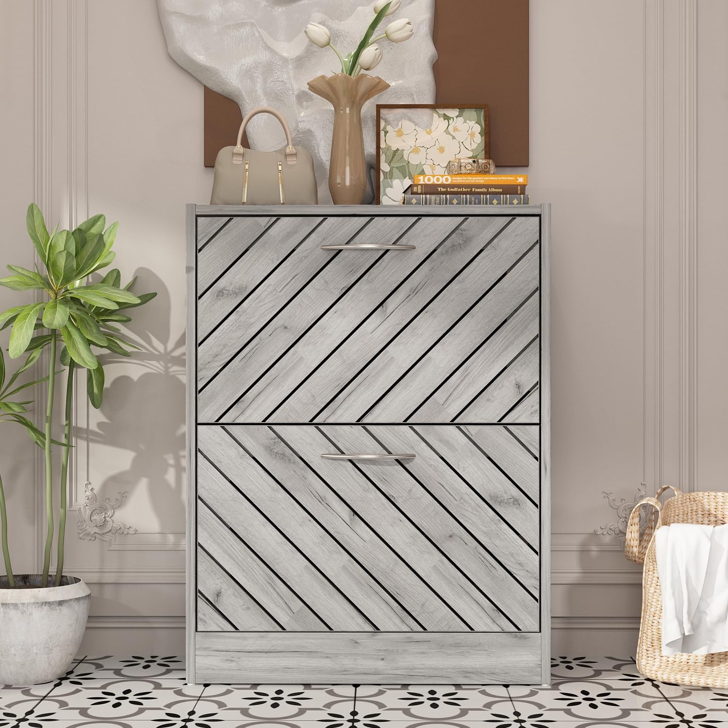2-Tier Grey Shoe Cabinet with Flip Drawers - Entryway Storage Organizer for Shoes & Accessories