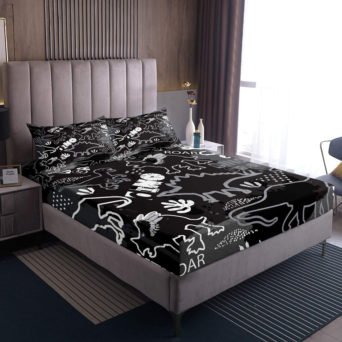 Dino Black and White Bedding Set Queen Size - Soft Microfiber Dinosaur Print Reversible Comforter Cover - 3 Piece Bed Sheet Set for Teens & Kids - Perfect for Themed Bedrooms, Sleepovers, and Dinosaur Lovers