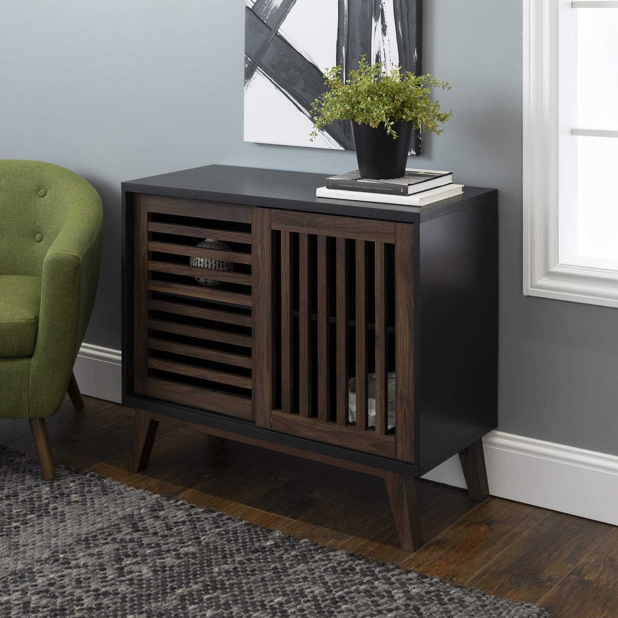 Walker Edison Mid Century Modern Buffet Cabinet - 36 Inch Entryway Storage with Doors for Kitchen, Dining & Living Room - Black & Dark Walnut Finish - Perfect for Home Organization & Stylish Decor