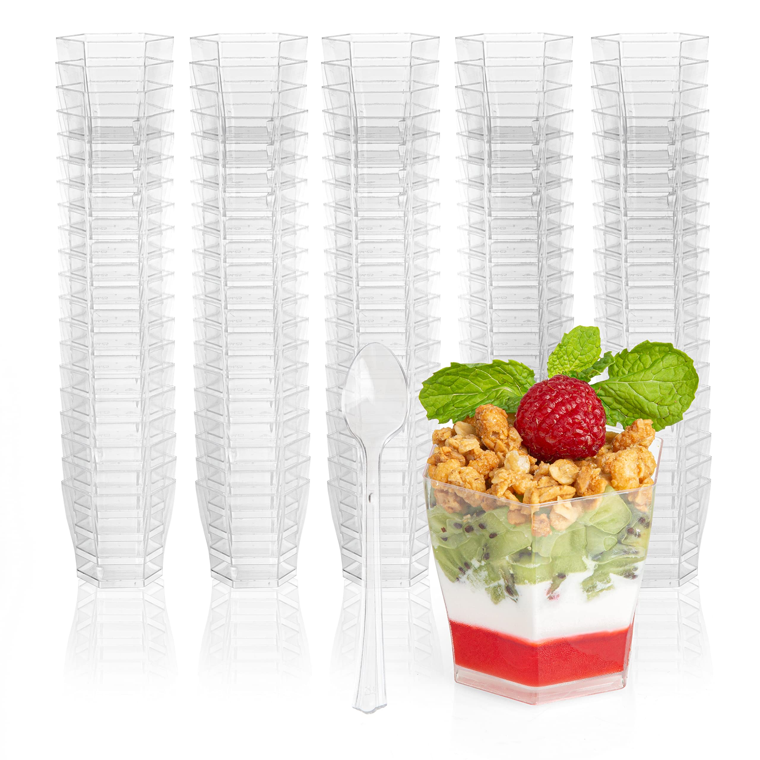 Ilyapa 2oz Plastic Dessert Cups - 100 Pack Clear Hexagon Mini Dessert Cups with Spoons - Reusable Small Appetizer Containers for Cheesecake Shooters, Chocolate Mousse, Parfait - Perfect for Parties, Catering, Weddings, Baby Showers & Dessert Bars