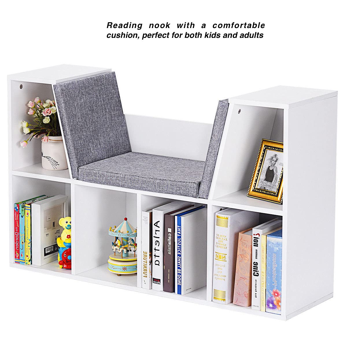 6-Cubby Kids Storage Cabinet - Multifunctional Bookcase & Bookshelf with Cushioned Bench - Perfect for Toys, Books, Magazines & Home Decor - Ideal for Playrooms, Bedrooms & Reading Nooks