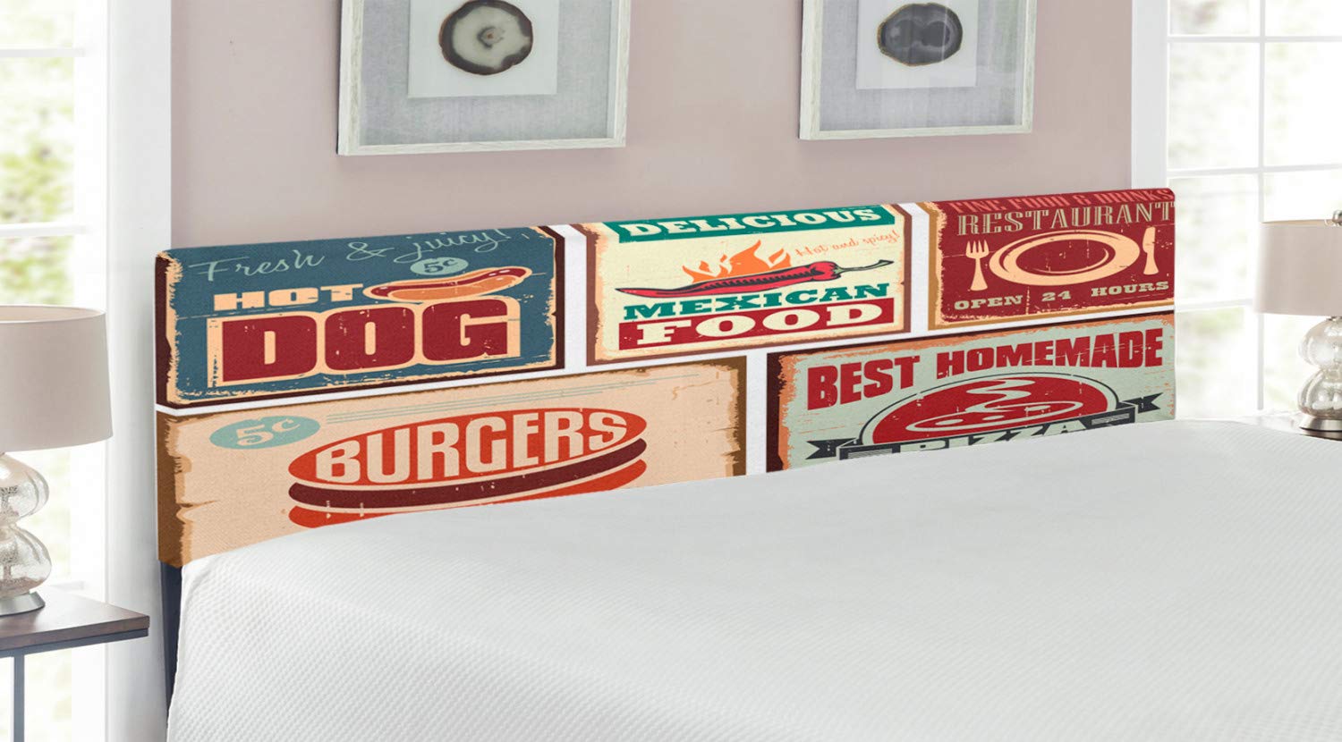 Ambesonne Vintage Tin Sign Headboard - Retro Mexican Food Print with Aged Advertising Logo Design, Upholstered Metal Bed Headboard with Memory Foam, King Size, Multicolor - Perfect for Retro Bedroom Decor & Western Themed Home Interiors