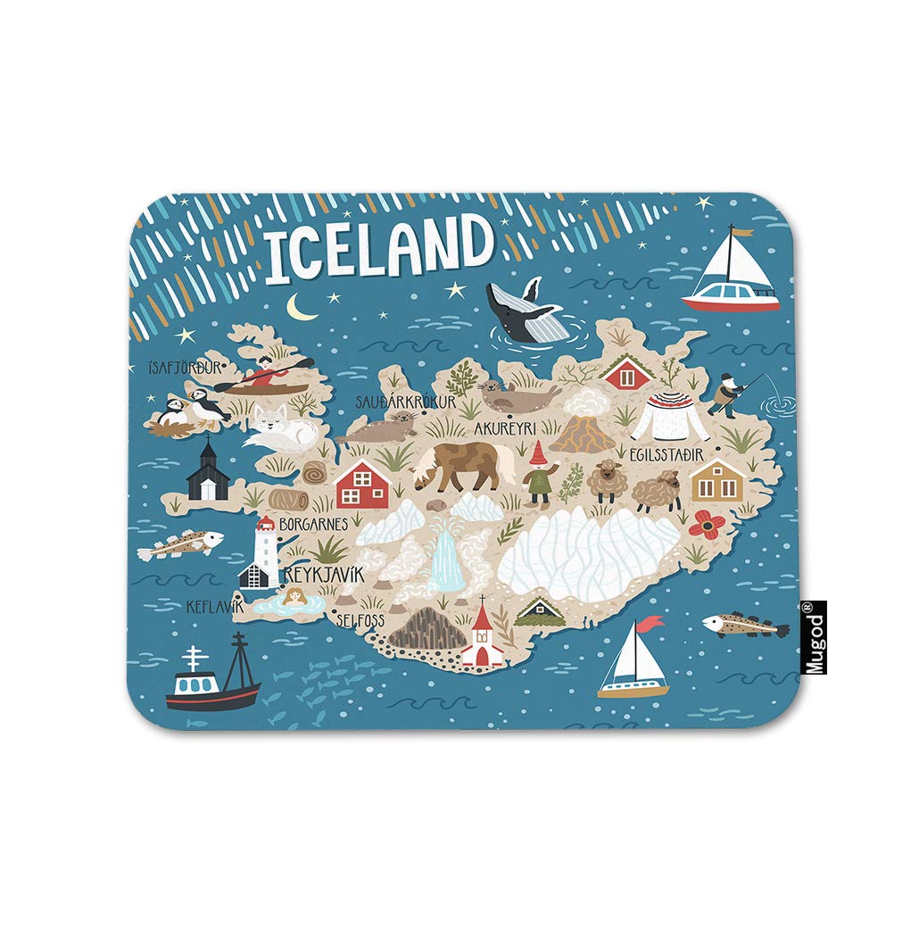 Iceland Map Mouse Pad - Non-Slip Rubber Base Gaming Mouse Mat with Landmarks, Animals & Nature Scenes for PC, Laptop, Office & Home (9.5x7.9 Inch) | Perfect for Travel Enthusiasts & Nordic Decor