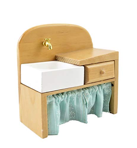 Vintage Light Oak Kitchen Sink Unit with Curtain - Melody Jane Dollhouse Furniture for Miniature Kitchen Decor | Perfect for Dollhouse Remodeling & Victorian Style Displays
