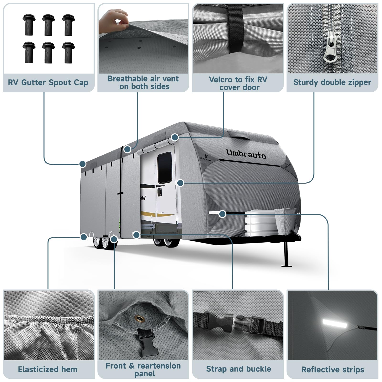 Umbrauto RV Cover 18-20ft - 7 Layer Waterproof Travel Trailer & Camper Cover with Windproof Ropes | Fits Toy Haulers with Tongue Jack Protection | Perfect for Outdoor Storage & Winter Protection