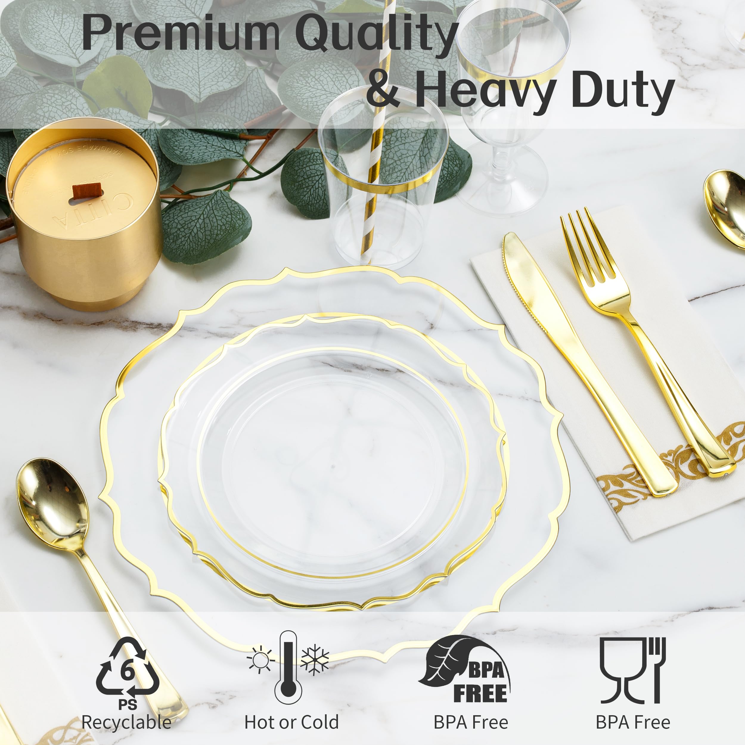 200-Piece Baroque Gold Rimmed Disposable Dinnerware Set - Heavy Duty Plastic Plates, Cutlery & Napkins for 25 Guests | Elegant Wedding, Party & Event Tableware | Includes Dinner Plates, Dessert Plates, Spoons, Forks, Knives & Cups