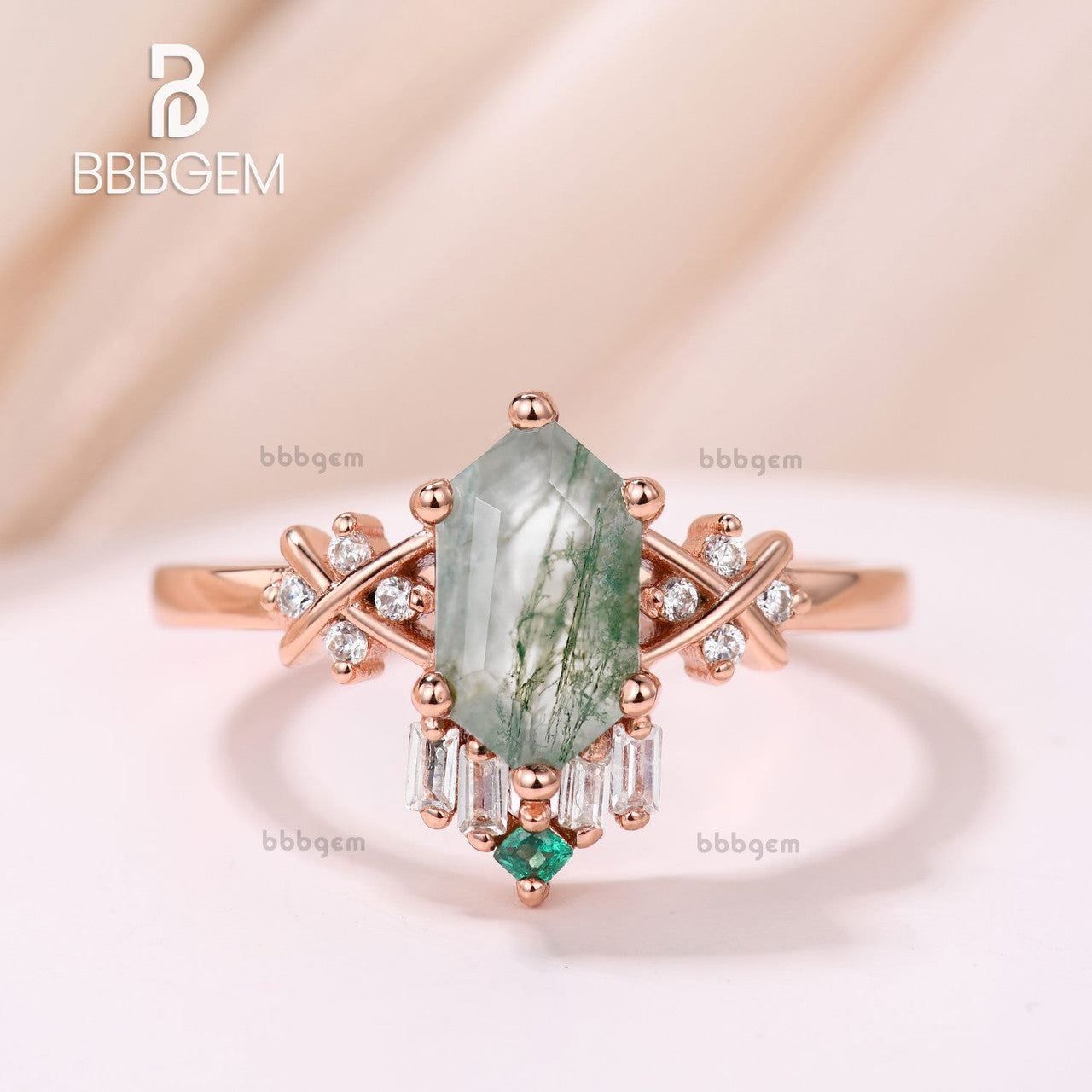 Unique Vintage 14K Rose Gold Hexagon Cut Moss Agate Engagement Ring with Diamond & Emerald Accents - Perfect for Romantic Proposals, Anniversary Gifts & Special Occasions
