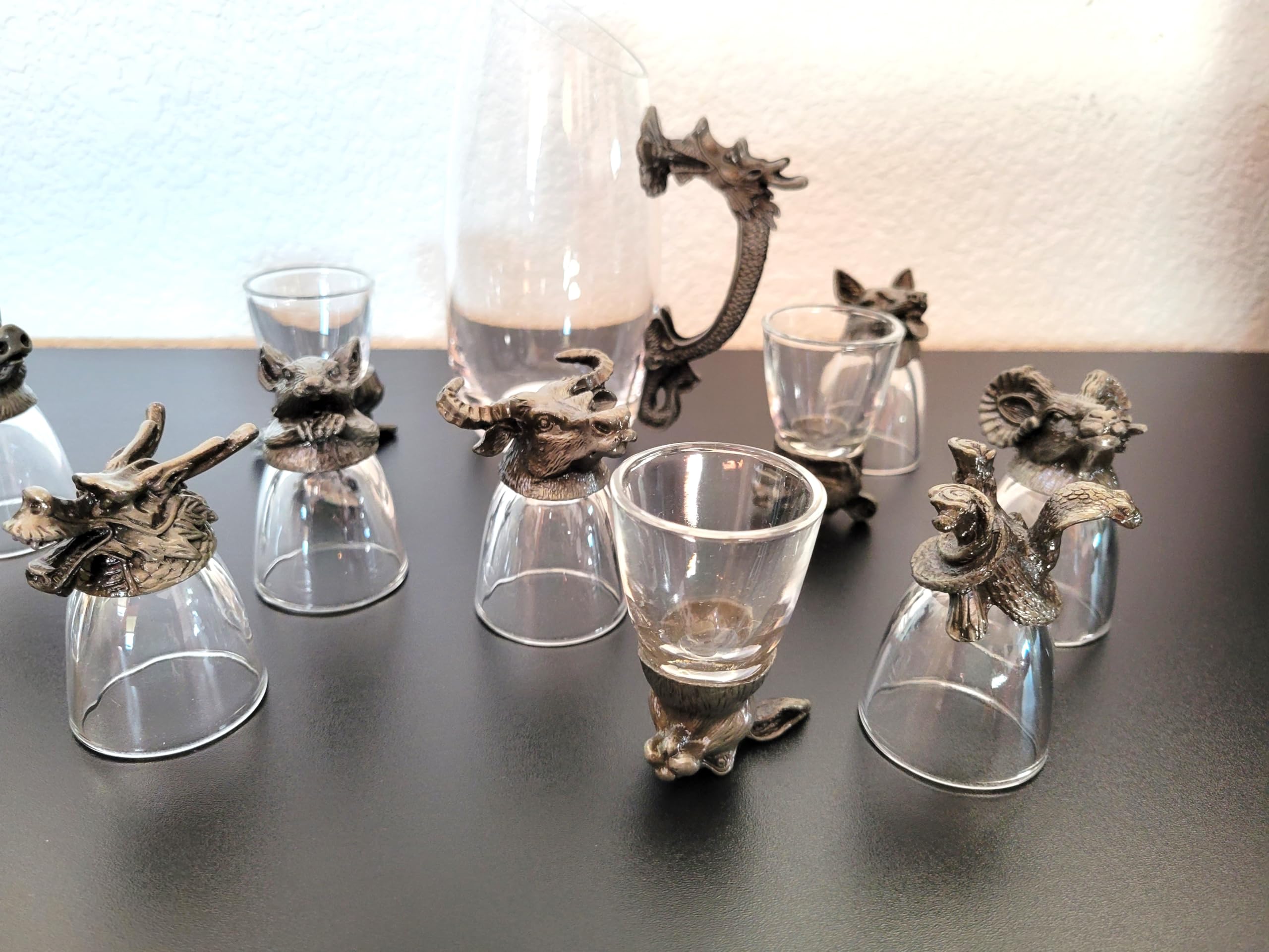 Chinese Zodiac Glass Set - 12-Piece Drinking Glasses & Pitcher Gift Set in Dark Grey for Home Bar, Party, and Holiday Entertaining