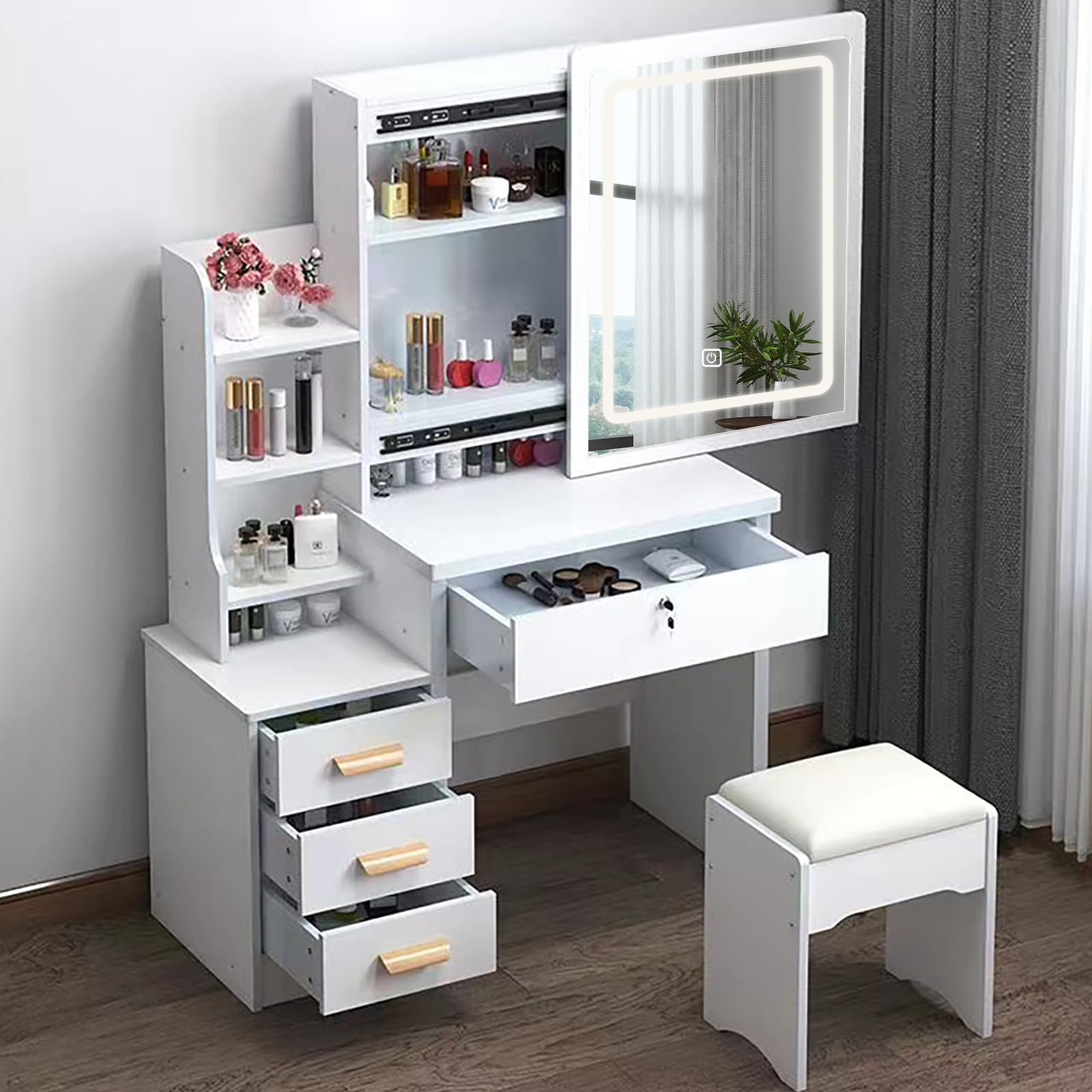 European Style Vanity Desk with Mirror & LED Lights - 3 Lighting Modes, Drawers & Open Storage Shelves, White Makeup Dressing Table for Bedroom | Perfect Gift for Women & Girls | Ideal for Daily Makeup Routine & Beauty Organization