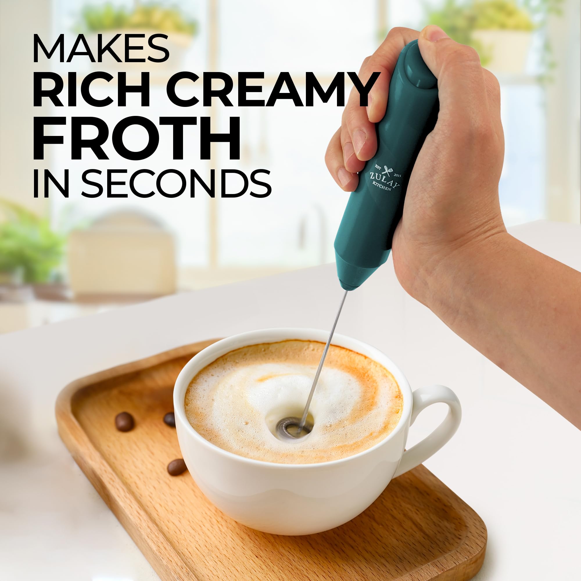 Zulay Kitchen Powerful Milk Frother Handheld - Stainless Steel Battery Operated Mini Frother for Coffee, Latte, Cappuccino, Matcha, Hot Chocolate - Perfect for Home, Office & Travel - Dark Green