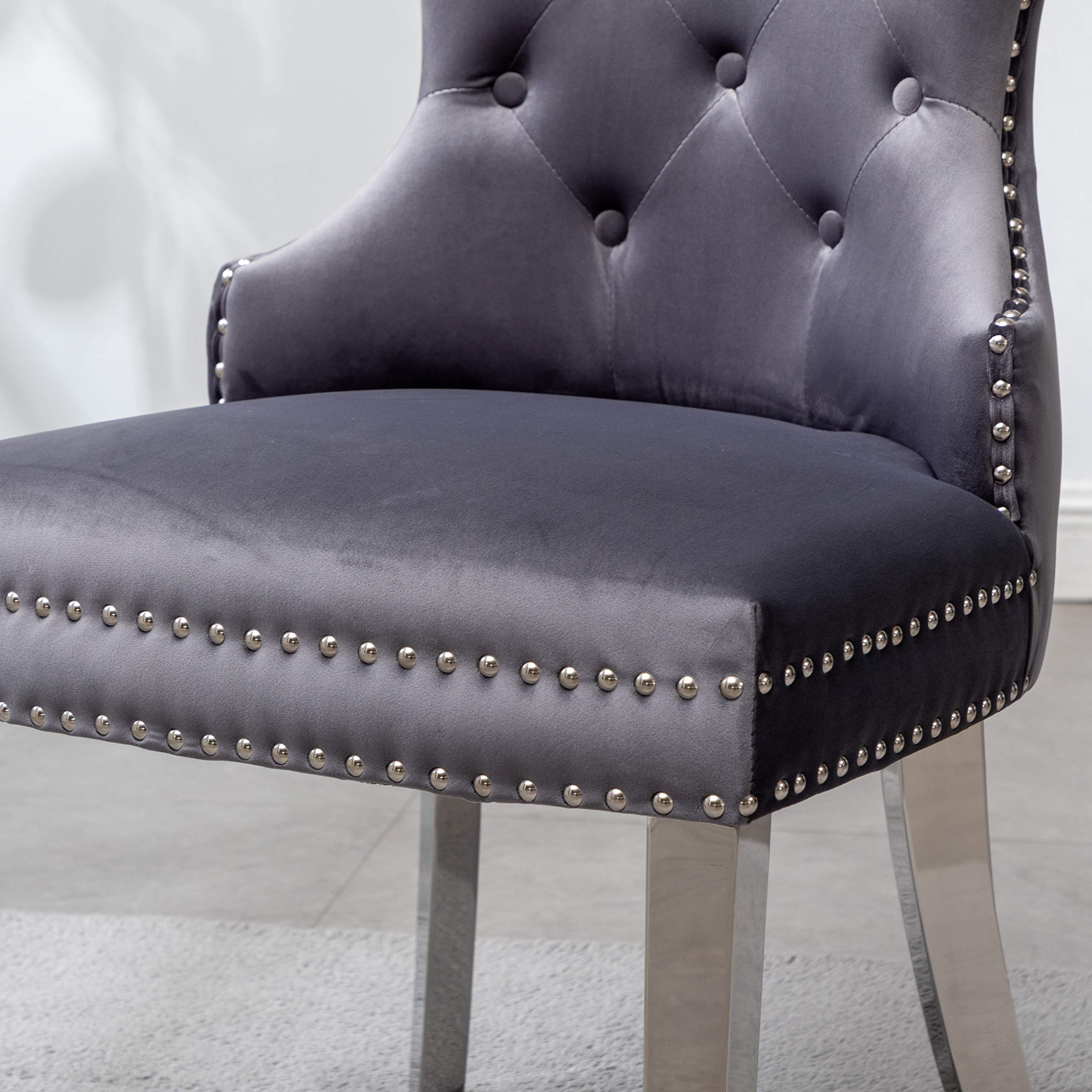 Kire Contemporary Nailhead Tufted Velvet Dining Chairs - Set of 2 in Gray | Modern Upholstered Side Chairs for Dining Room, Kitchen, or Home Office