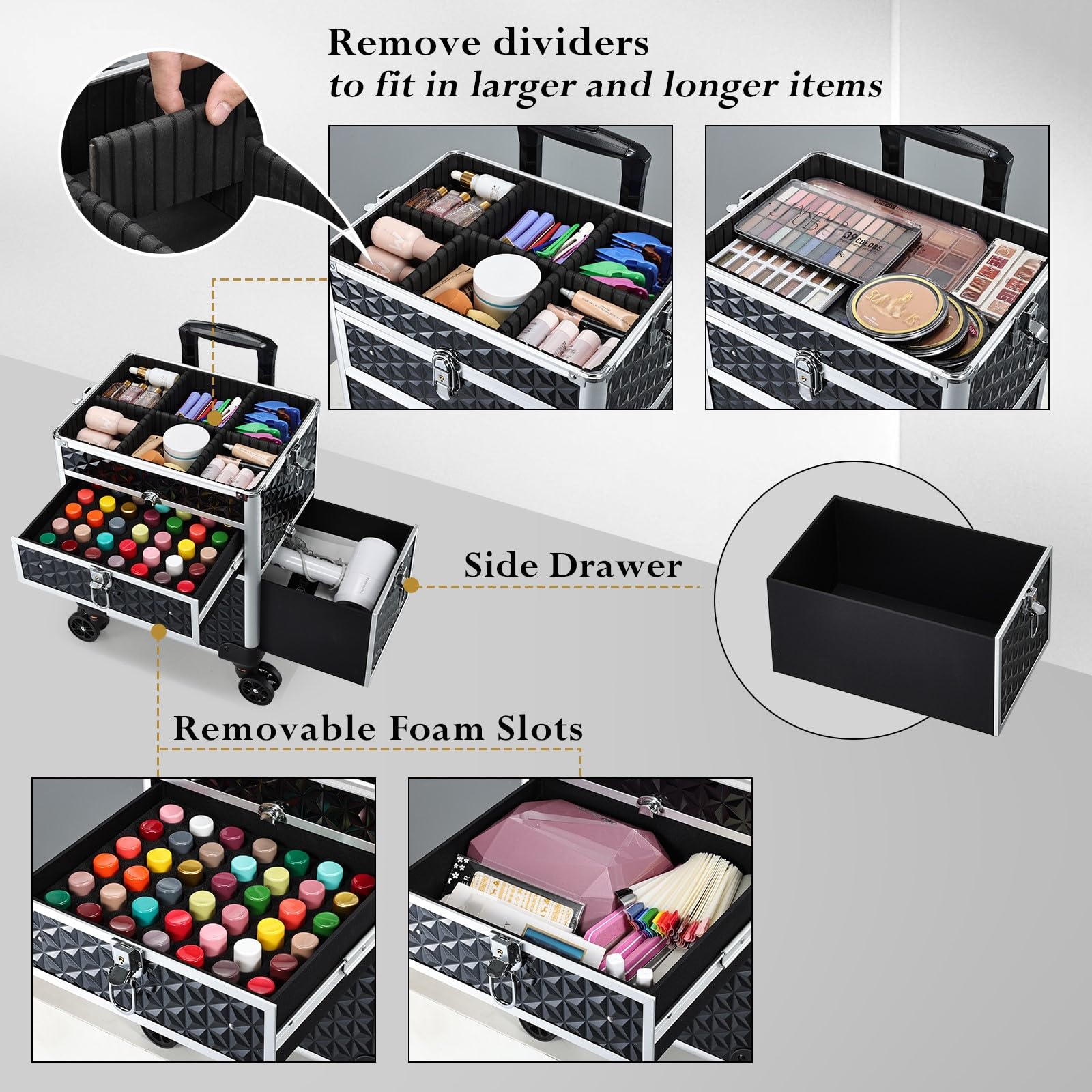 Professional Rolling Makeup Case with Wheels & Lockable Drawers - Large Cosmetic Trolley for Travel & Salon Storage | Perfect for Makeup Artists, Hairstylists & Nail Technicians | Portable Beauty Organizer for Home, Salon & On-the-Go Use