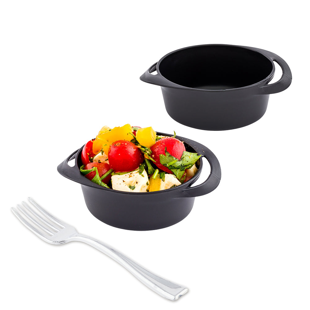 100 Pack 3 oz Round Black Plastic Mini Infinity Pots with 100 Silver Plastic Mini Forks - Perfect for Party Favors, Wedding Decor, Dessert Cups & Candy Serving