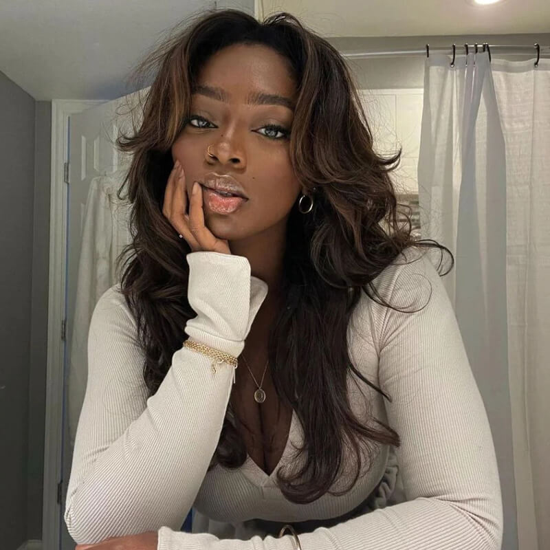 Eullair 13x4 Lace Front Wigs Human Hair - Burgundy Brown Layered Curtain Bangs Wavy Medium Length Wig for Women | Perfect for Cosplay, Daily Wear & Special Occasions