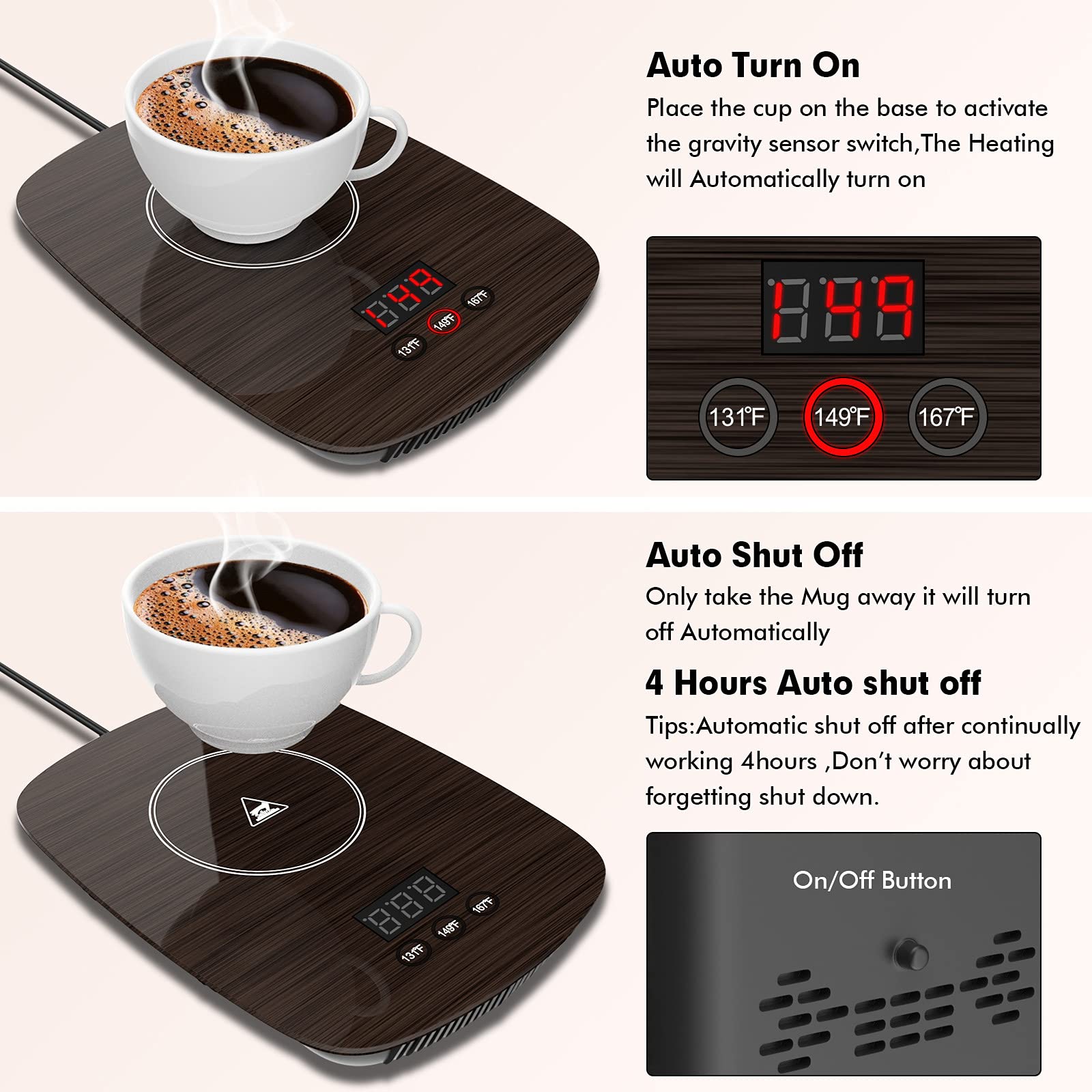 Electric Mug Warmer with Auto Shut Off - 3 Temperature Settings (131°F, 149°F, 167°F) for Coffee, Tea, Cocoa, Milk & Beverages - Perfect for Office, Home & Desk Use - Wood Color (Cup Not Included)