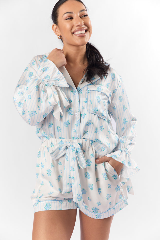 Blue Floral Satin Pajama Shorts for Women - Side Sleeper Comfort Sleepwear | Perfect for Lounging, Travel & Nighttime Relaxation