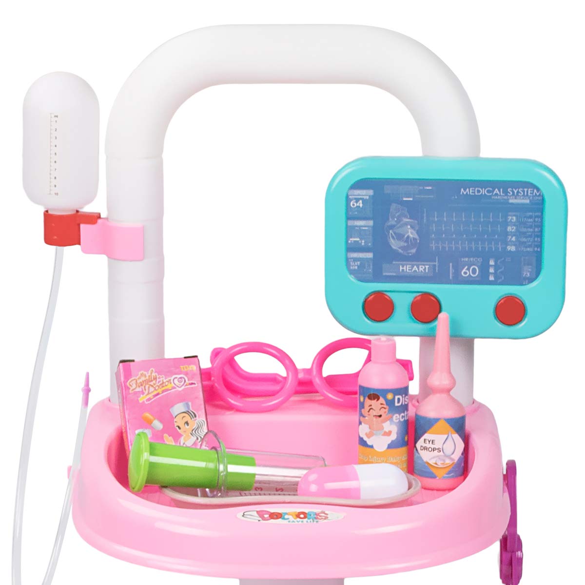 UNIH Kids Doctor Cart Kit - Realistic Medical Play Set with Lights for Toddlers Ages 2-5, Pretend Play Toy for Boys & Girls (Pink) | Perfect for Role Play, Preschool Learning & Birthday Gifts