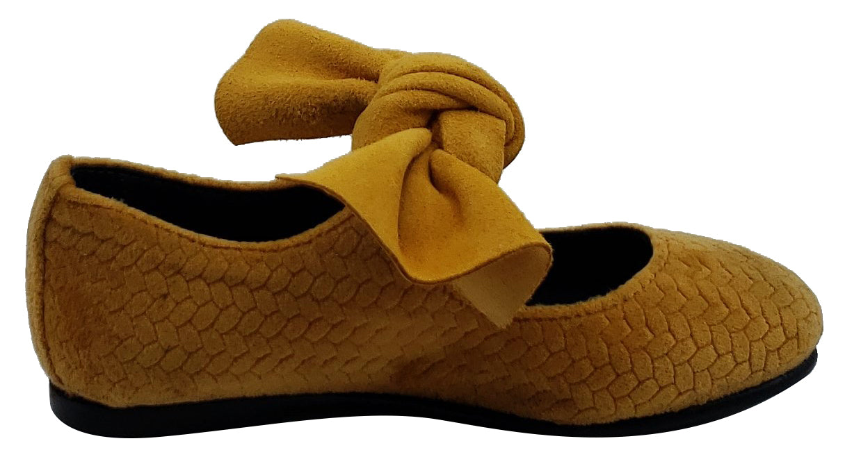 BluBlonc Girls Mustard Mosaic Velvet Bow Flat Shoes - Elegant & Comfortable for School, Parties & Special Occasions