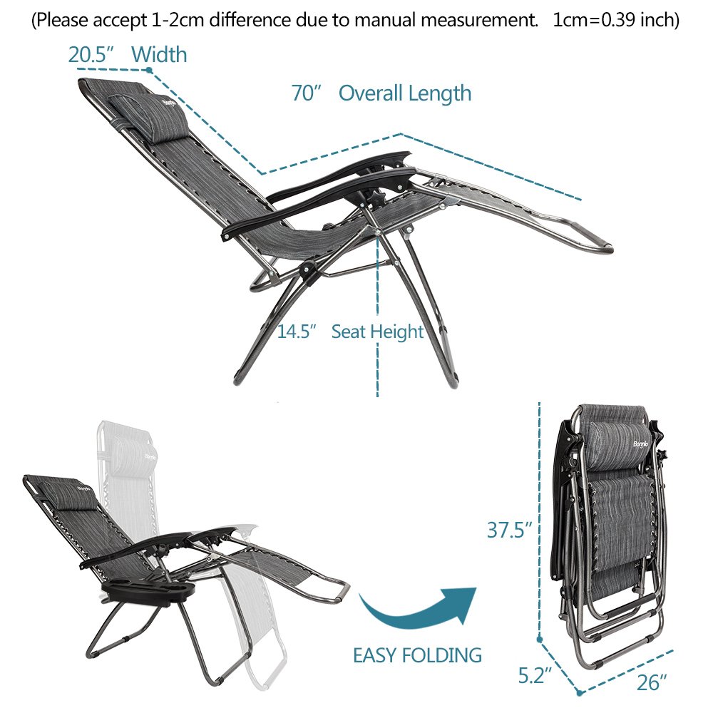 Bonnlo 2-Pack Adjustable Steel Mesh Zero Gravity Lounge Chairs with Pillow & Utility Tray - Foldable Reclining Outdoor Chairs for Patio, Deck, Beach, Yard, Poolside & Garden Relaxation