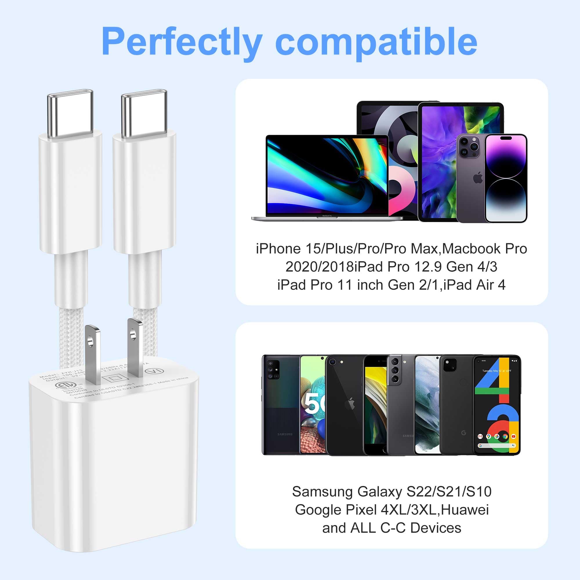 Fast Charging 20W USB C Charger 3 Pack with 10ft Braided Type C Cable - Compatible with iPhone 16/16 Pro/16 Pro Max/15, iPad Pro, MacBook Air - Perfect for Home, Office & Travel Charging