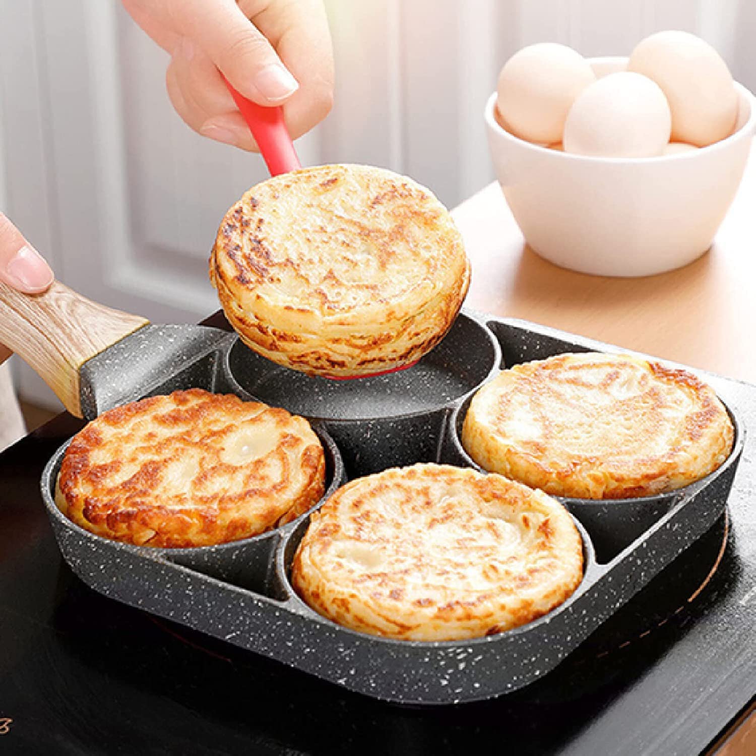 Nonstick 4-Hole Egg Frying Pan - Pancake Maker for Perfect Omelets, Breakfast Sandwiches & Steak - Ideal for Home Cooking, Camping & RV Trips - Easy Clean Breakfast Cookware Set