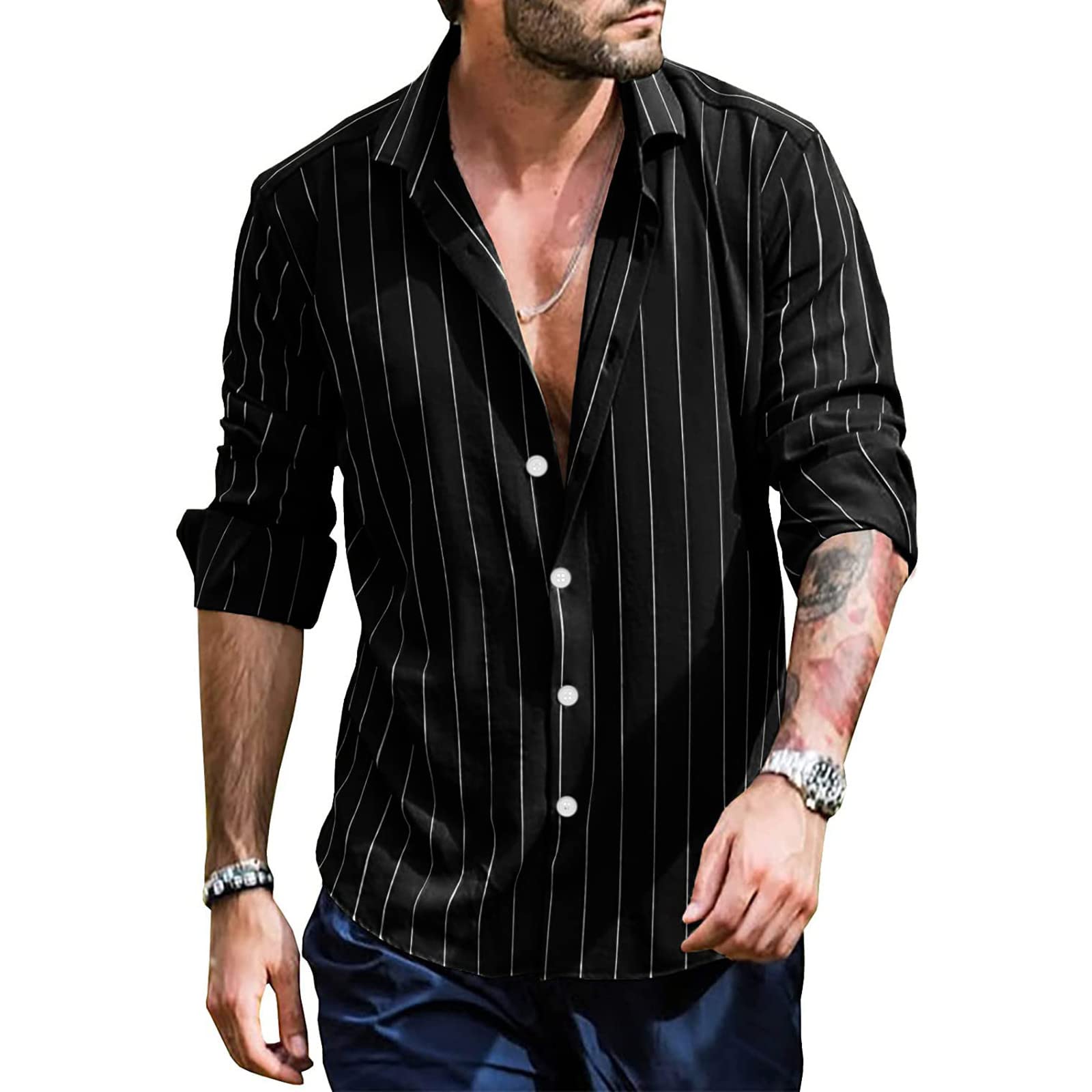 Men's Striped Lapel Collar Dress Shirt - Long Sleeve Button Down Business Casual Shirt for Office & Formal Wear | Regular Fit Fashion Top for Work, Meetings & Special Occasions