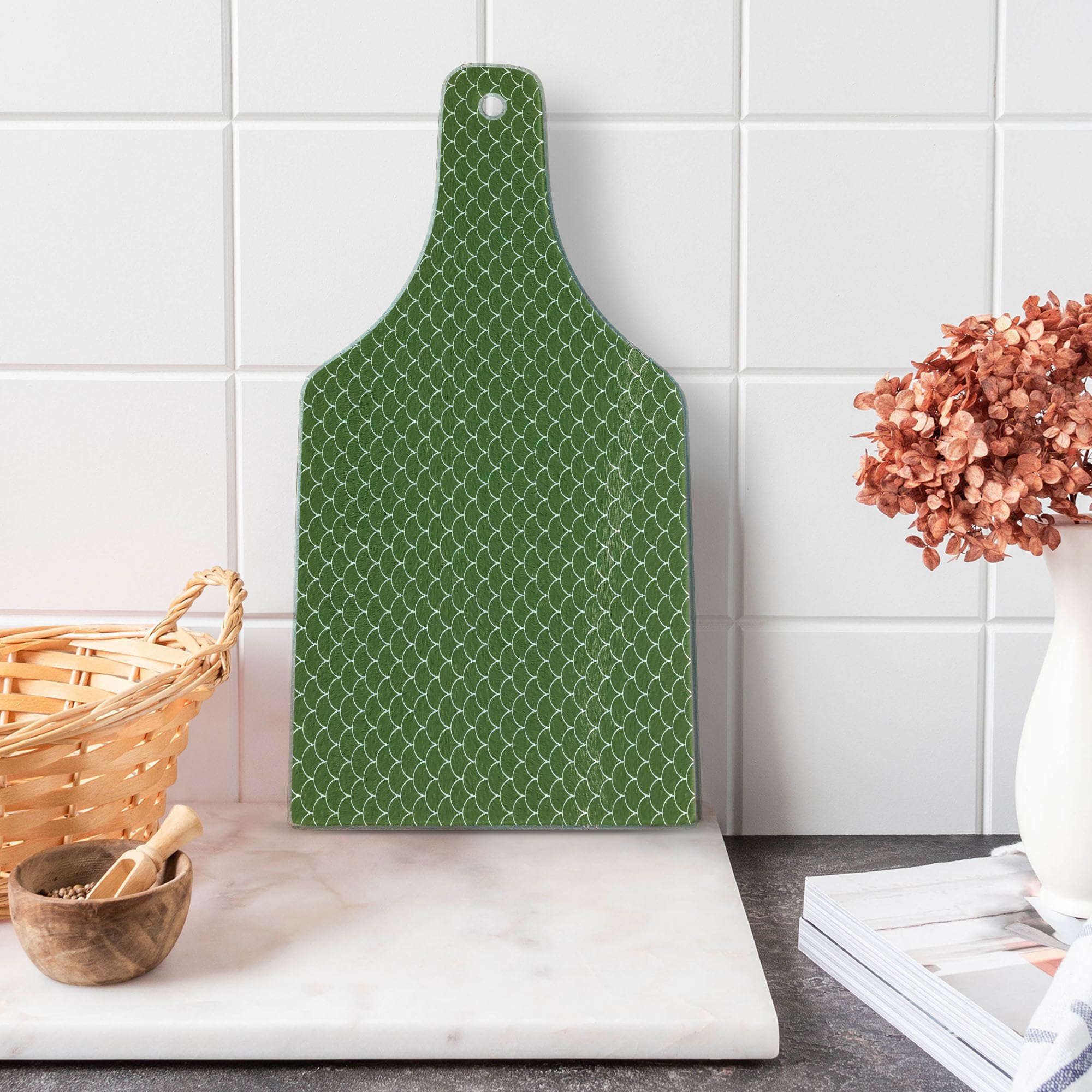 Ambesonne Green Tempered Glass Cutting Board - Vivid Forest Geometric Wave Design, Round Edged Serving Board for Kitchen & Entertaining | Wine Bottle Shape in Olive Green & White | Perfect for Cheese Platters, Charcuterie & Wine Pairings