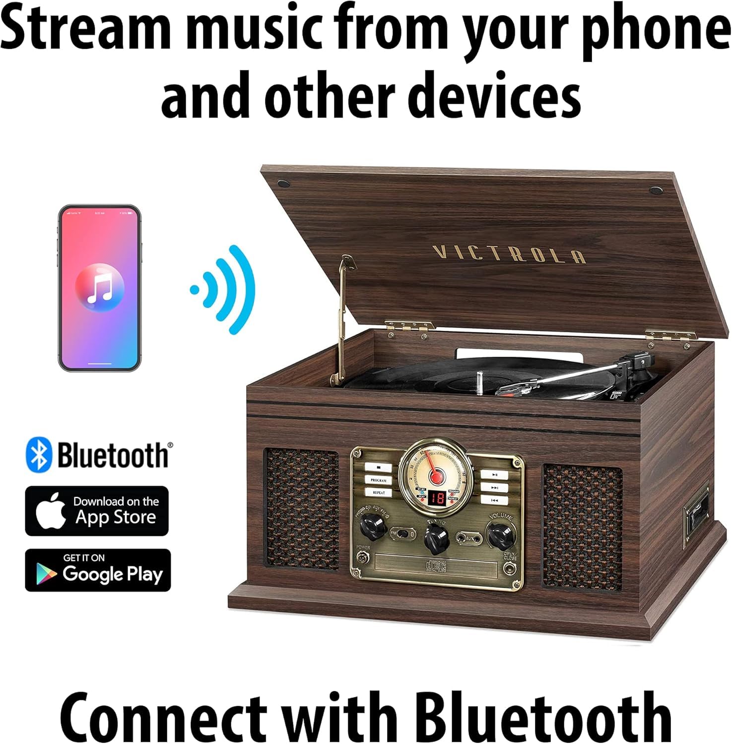 Victrola Nostalgic 7-in-1 Bluetooth Record Player & Multimedia Center with Built-in Speakers - 3-Speed Turntable, CD & Cassette Player, AM/FM Radio | Wireless Music Streaming | Espresso | Perfect for Home Entertainment, Vinyl Collectors & Retro Music Lovers