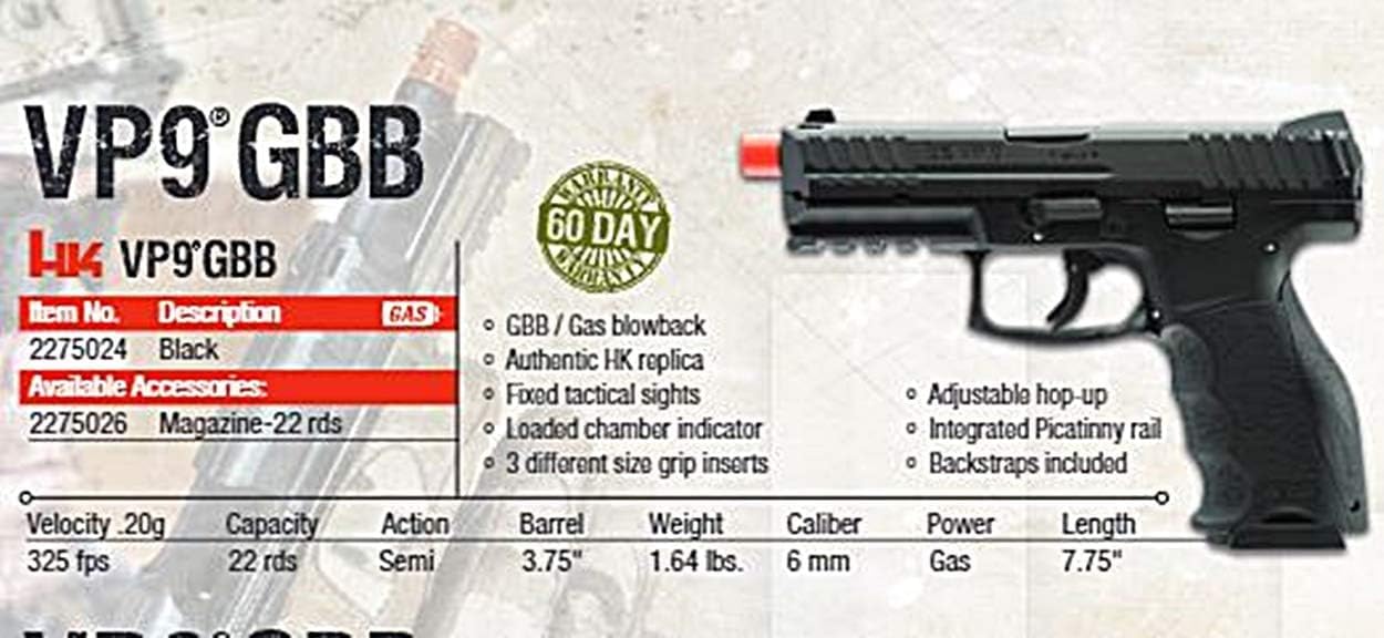 Elite Force HK VP9 GBB 6mm Airsoft Pistol with Blowback - Realistic Heckler & Koch Replica for Training, Competition & Tactical Airsoft Games