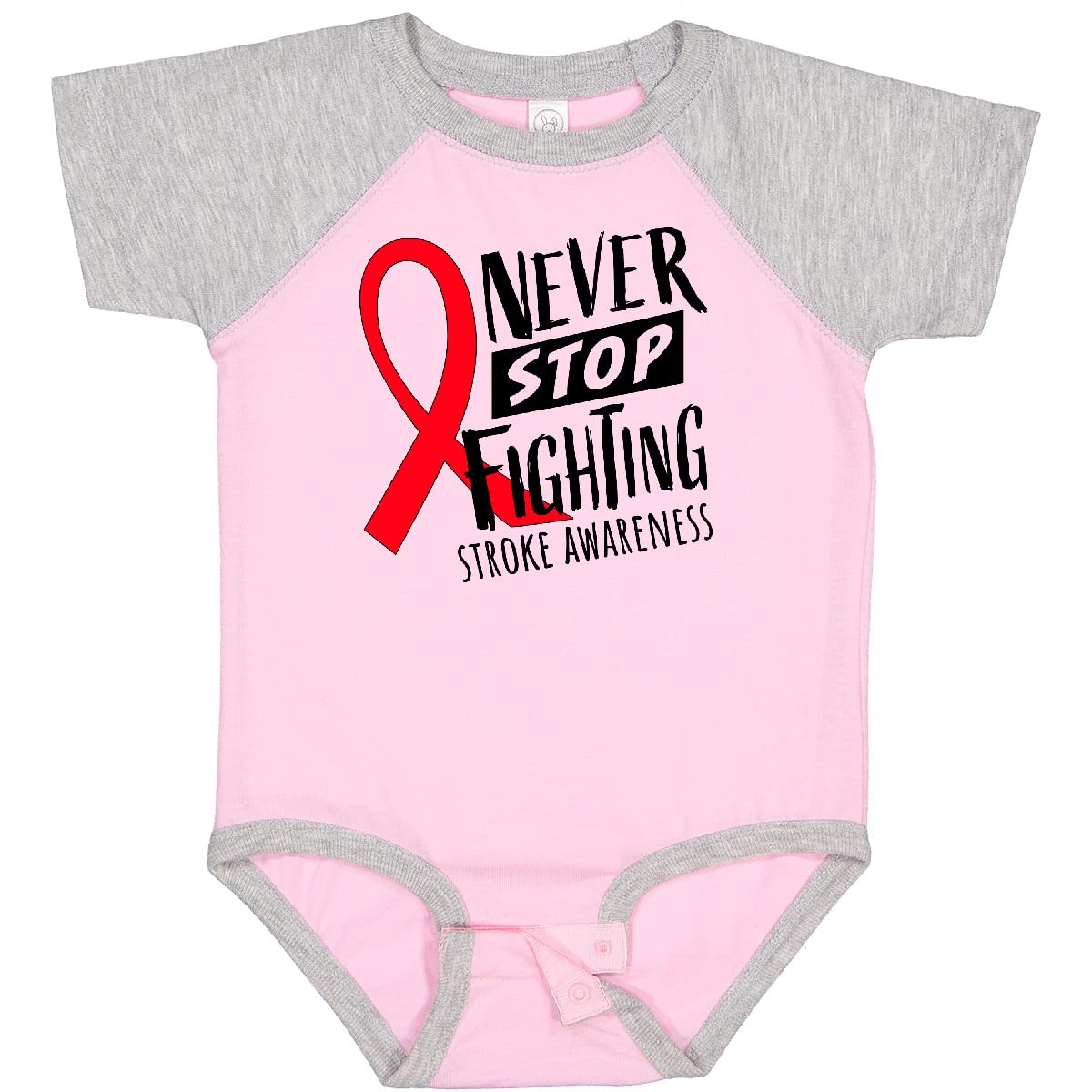 Inktastic Never Stop Fighting Stroke Awareness Red Ribbon Baby Bodysuit - Soft Cotton Infant Onesie for Stroke Survivor Support & Awareness Events