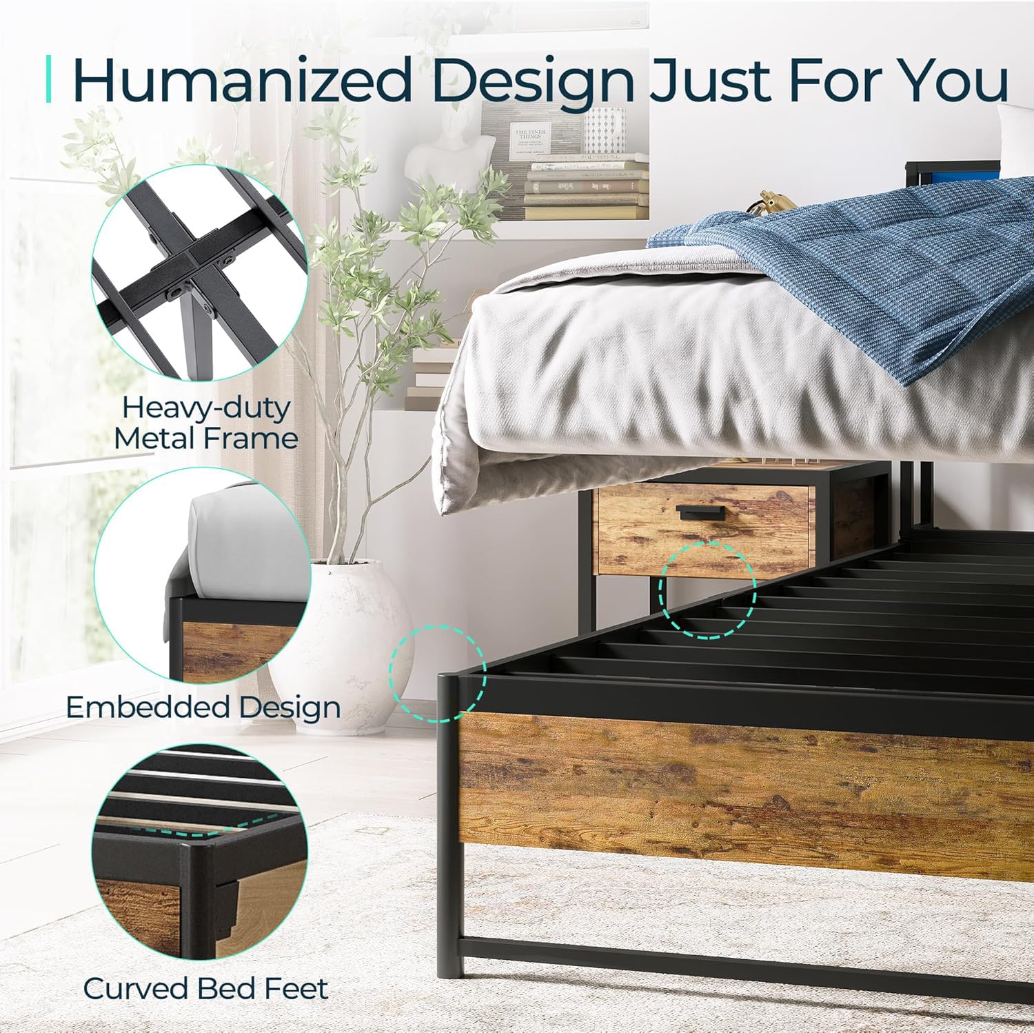 LINSY Queen Size Bed Frame with Ergonomic Headboard & Built-in Lights - 14 Inch Metal Industrial Platform Bed with USB Charging & Underbed Storage, No Box Spring Needed, Rustic Brown - Perfect for Modern Bedrooms, Guest Rooms & Small Apartments