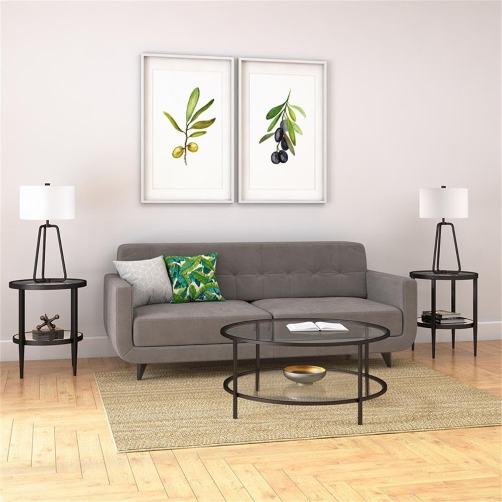 Modern Round Glass Top Metal Accent Table with Shelf - Black Pemberly Row End Table for Living Room, Bedroom & Office Decor