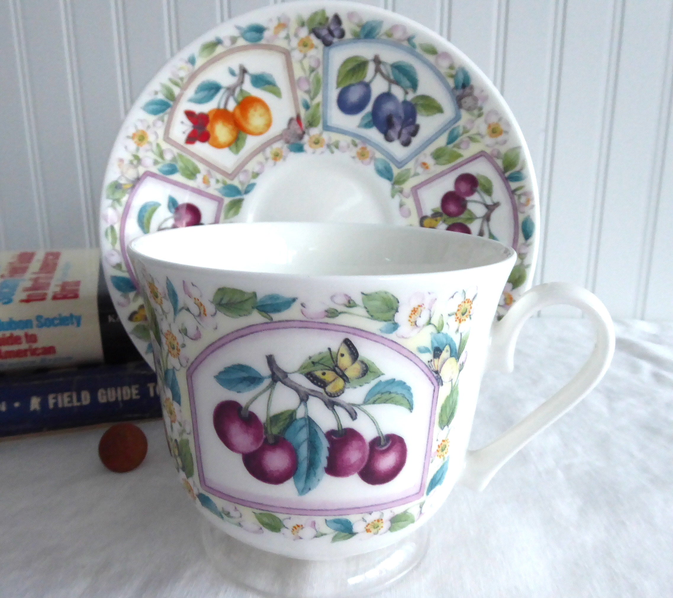 Roy Kirkham Bone China Breakfast Cup and Saucer Set with Prunus Fruit & Butterfly Design - Elegant Tea Set for Morning Coffee, Afternoon Tea, and English Breakfast (6.5 oz)