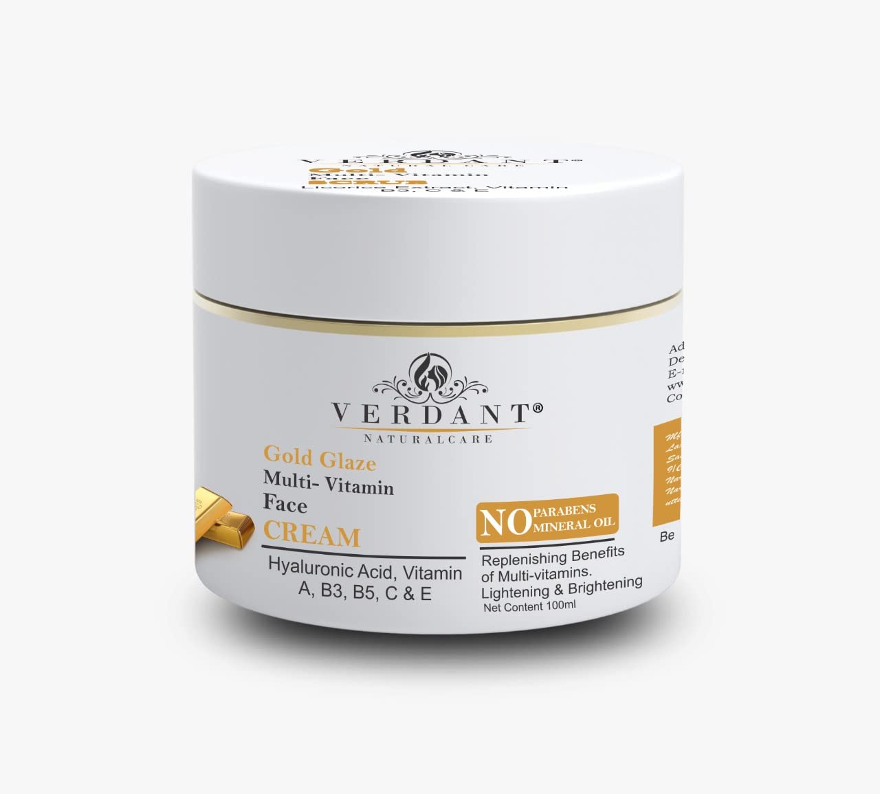 Verdant Gold Face Cream with Hyaluronic Acid & Vitamin A, B3 | Anti-Aging Moisturizer for Glowing Skin | Brightening & Hydrating Cream | Sulfate & Paraben Free | 100ml | Perfect for Night Routine & Dry Skin Care