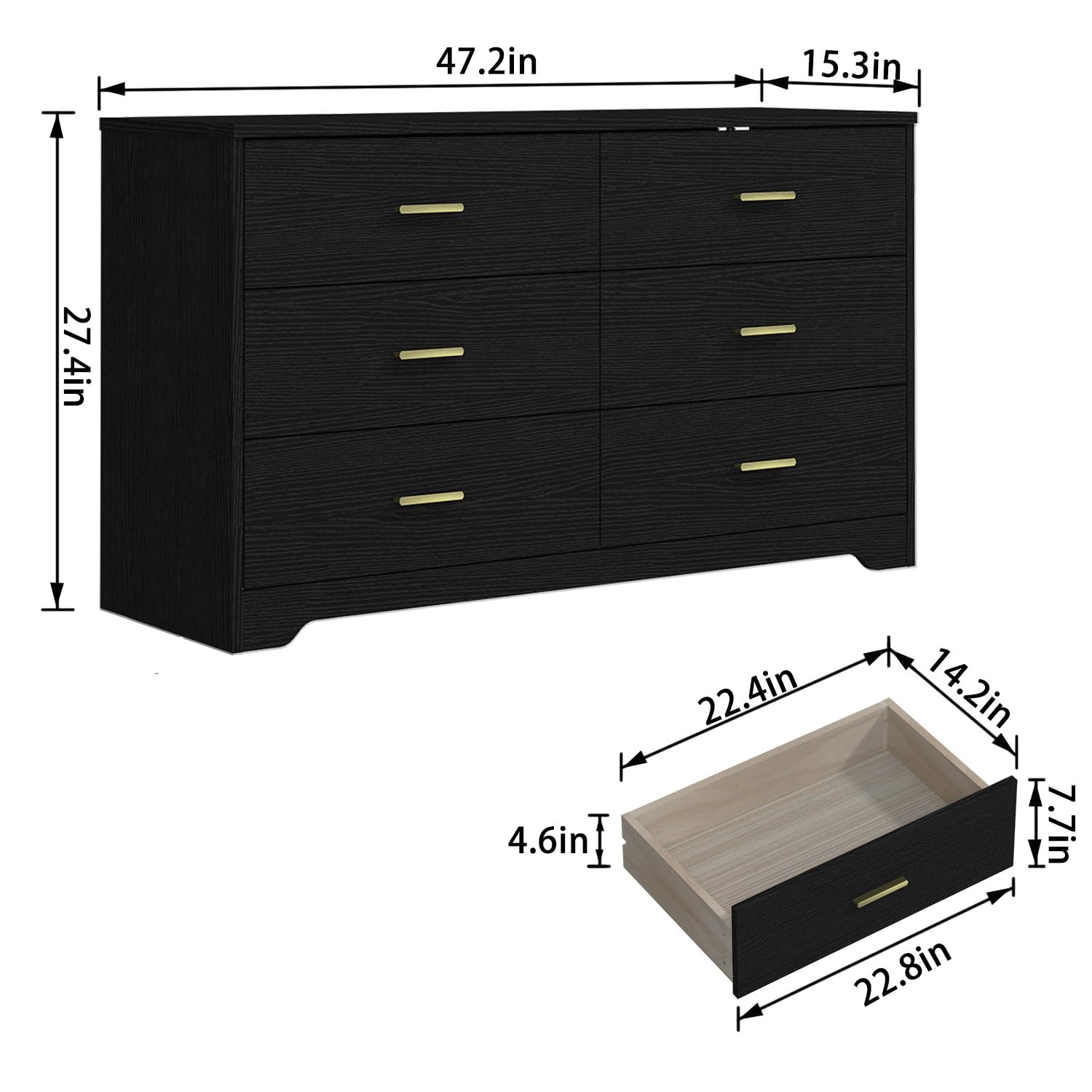 Modern 6-Drawer Wooden Dresser - Solid Wood Lateral Chest of Drawers with Wide Storage Drawers & Gold Metal Handles for Bedroom, Living Room, Hallway | Space-Saving Storage Organizer for Clothes, Linens & Home Essentials