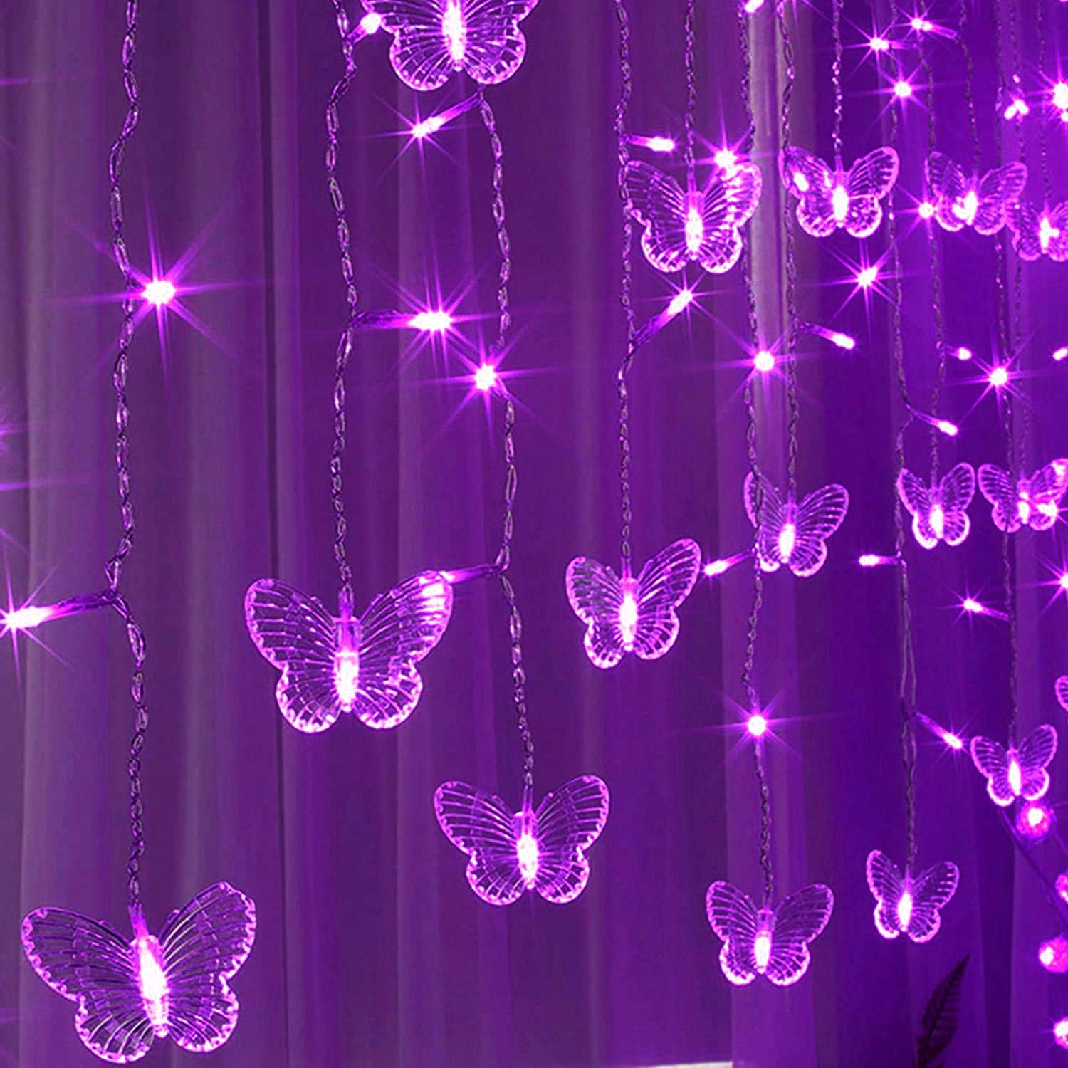 60 LED Butterfly Curtain Lights - 13.1FT USB Powered Fairy String Lights with Remote, 8 Lighting Modes & 12 Decorative Butterflies - Waterproof Twinkle Lights for Bedroom, Christmas, Holiday Party, Wedding, Nursery & Outdoor Decor (Purple)