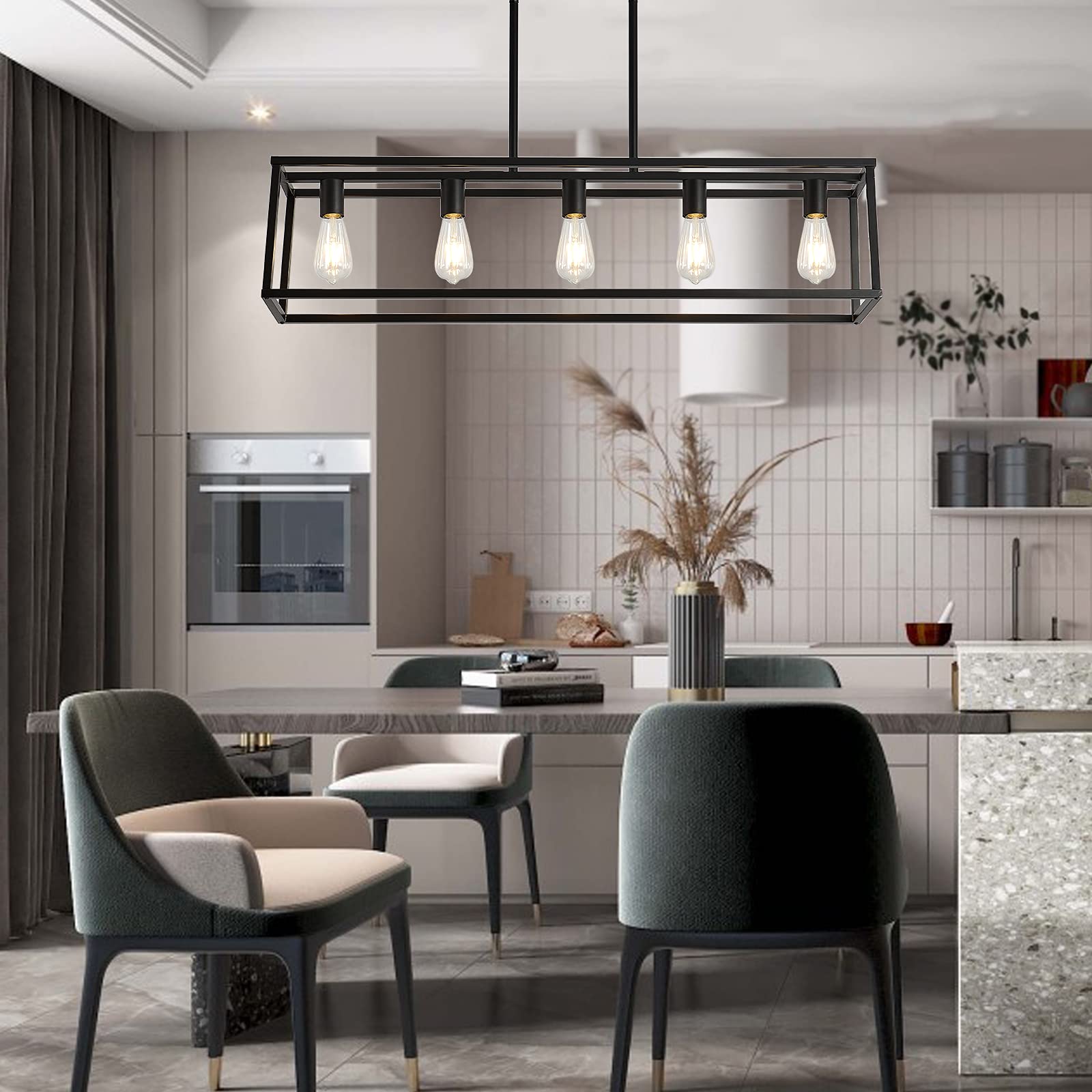 XILICON Farmhouse Chandelier - 5-Light Black Modern Linear Pendant Light for Kitchen Island, Dining Room & Ceiling | Rustic Cage Design for Home Decor