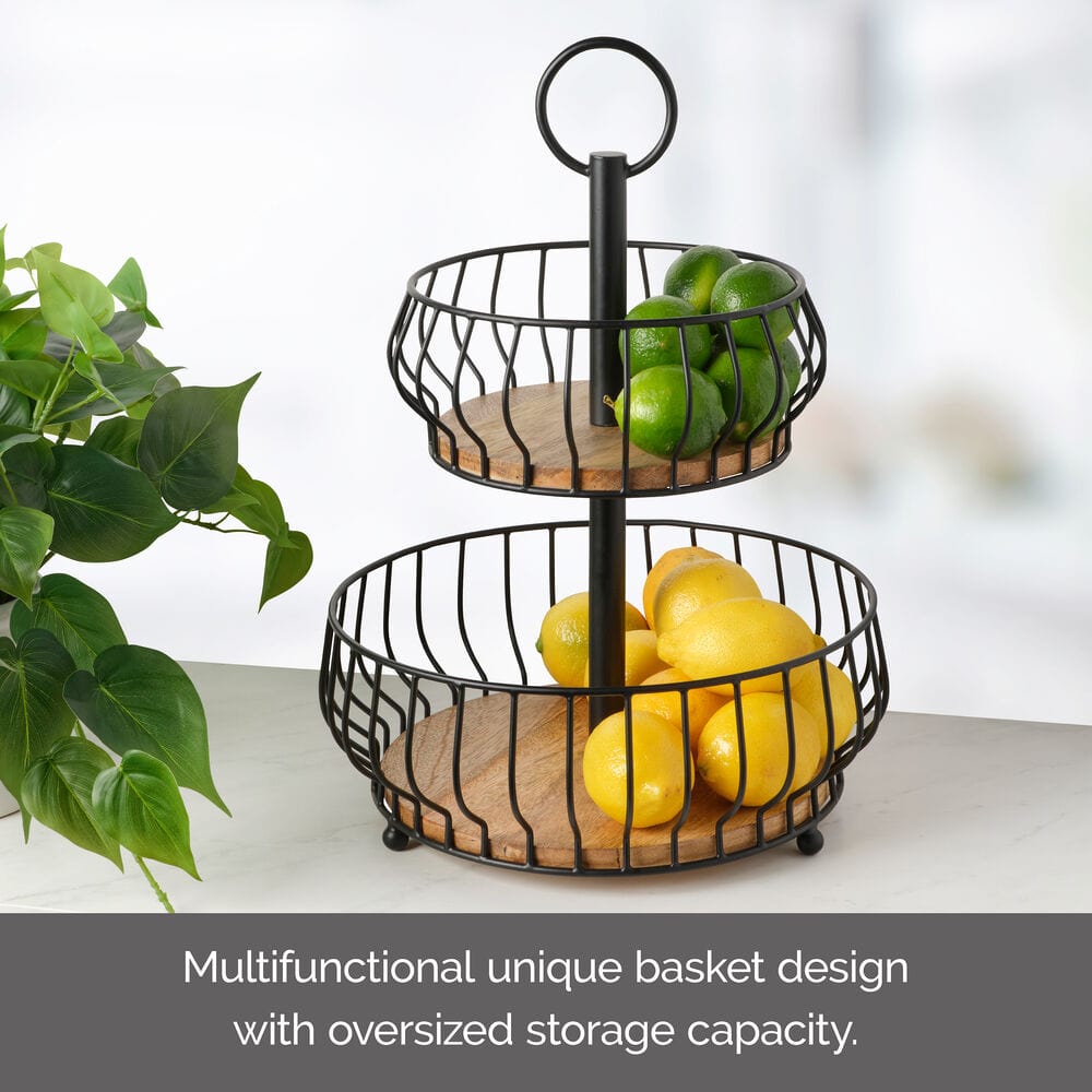 Savannah 2-Tier Wooden Fruit Basket - Organize Fresh Fruits & Vegetables in Kitchen, Pantry, or Dining Table Display