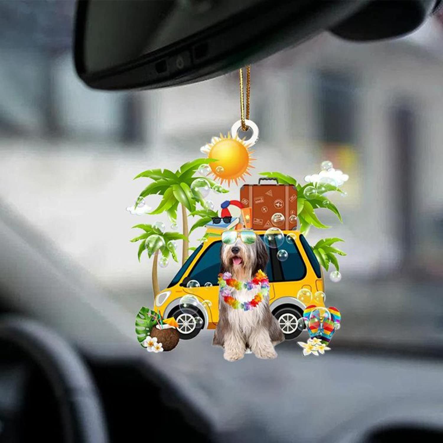 Bearded Collie Christmas Ornaments - 12-Piece Mica Plastic Holiday Decor Set with Summer Beach Mirror Hanging, Perfect for Car Interior, Home & Office Decorations | 3-Pack Trinkets for Gifts & Party Favors