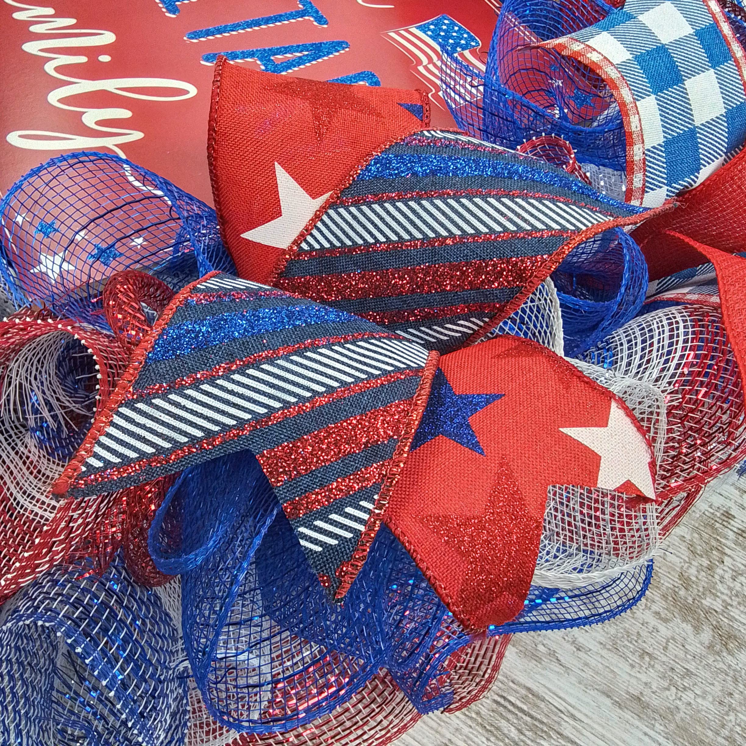 4th of July Wreath - Patriotic Red White & Blue American Flag Wreath for Front Door - Military Family Home Decor for Independence Day, Memorial Day & Veterans Day Celebrations