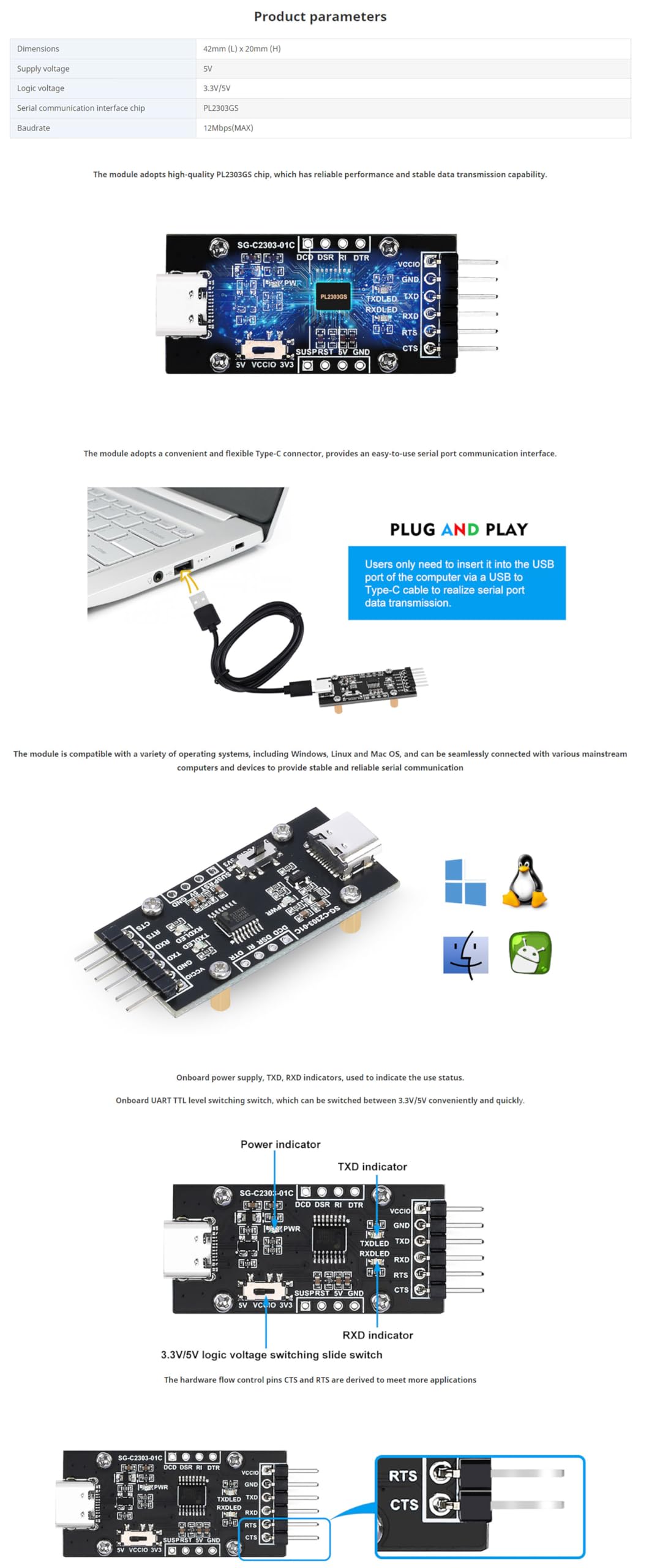 PL2303 USB to UART TTL Serial Converter Module - Type-C Connector, Onboard Power Supply, TXD/RXD LEDs - Compatible with Windows, Linux, Mac OS (3.3V/5V Logic Level Switch) - Perfect for Arduino, Raspberry Pi, DIY Electronics Projects