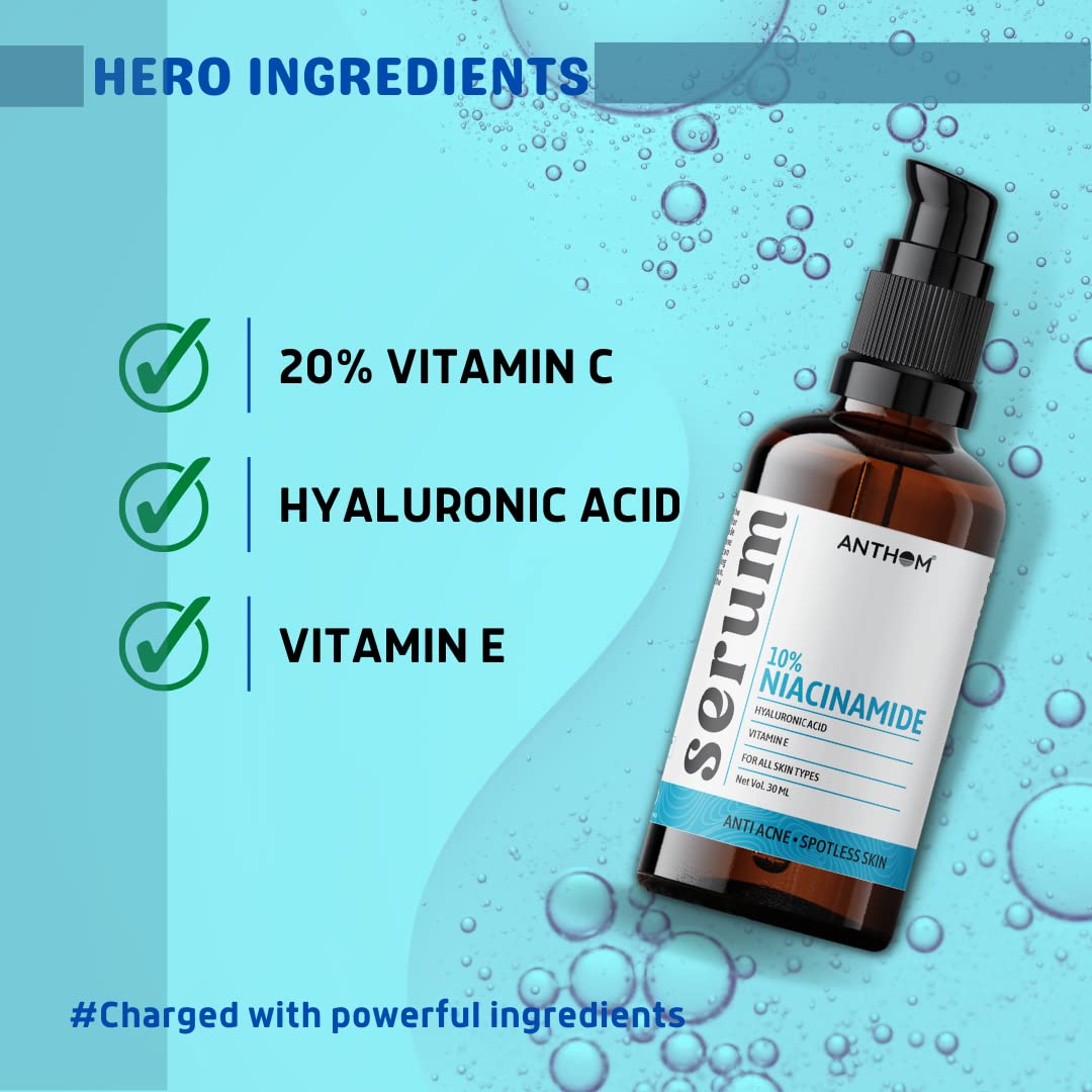 Anthom 10% Niacinamide Face Serum for Acne Treatment - Reduces Acne Scars, Blemishes, Pigmentation & Dark Spots | Vegan Formula for Oily, Acne-Prone & Sensitive Skin | Unisex Skincare Solution (30ml) | Perfect for Daily Use & Nighttime Skin Repair Routine