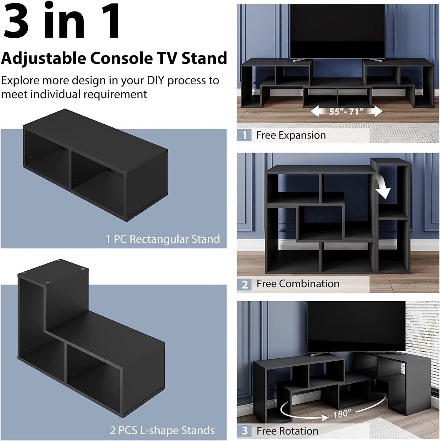 Giantex Modern 3-Piece DIY Open Bookcase Shelf Set - Black Storage & Display Console TV Stand for Living Room, Bedroom | Perfect for Organizing Books, Decor & Entertainment Systems