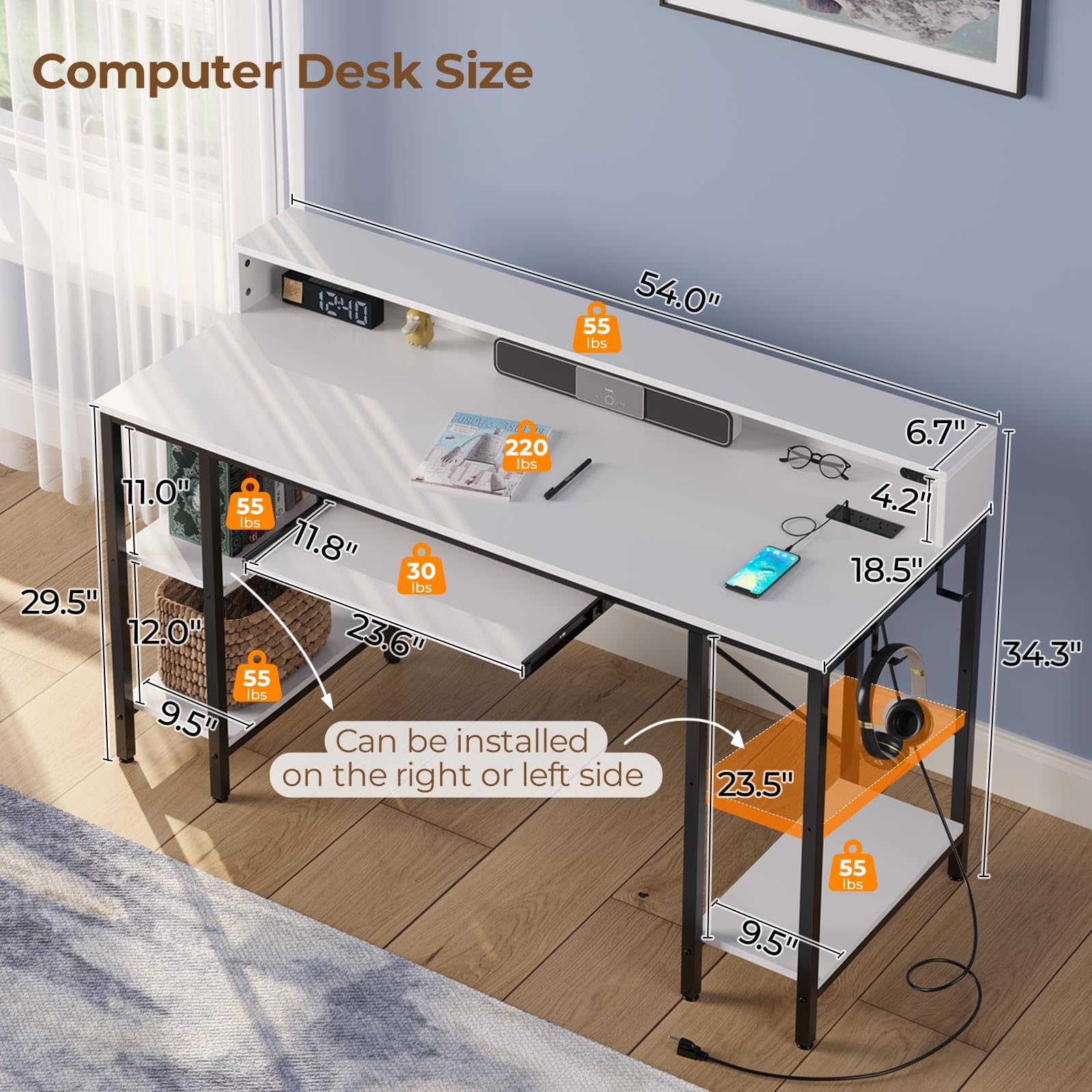 Rolanstar 54-inch LED Gaming Desk with Power Outlets, Storage Shelves & Keyboard Tray - Modern Home Office Computer Desk with Monitor Stand, White | Perfect for Gaming Setup, Remote Work & Study Space