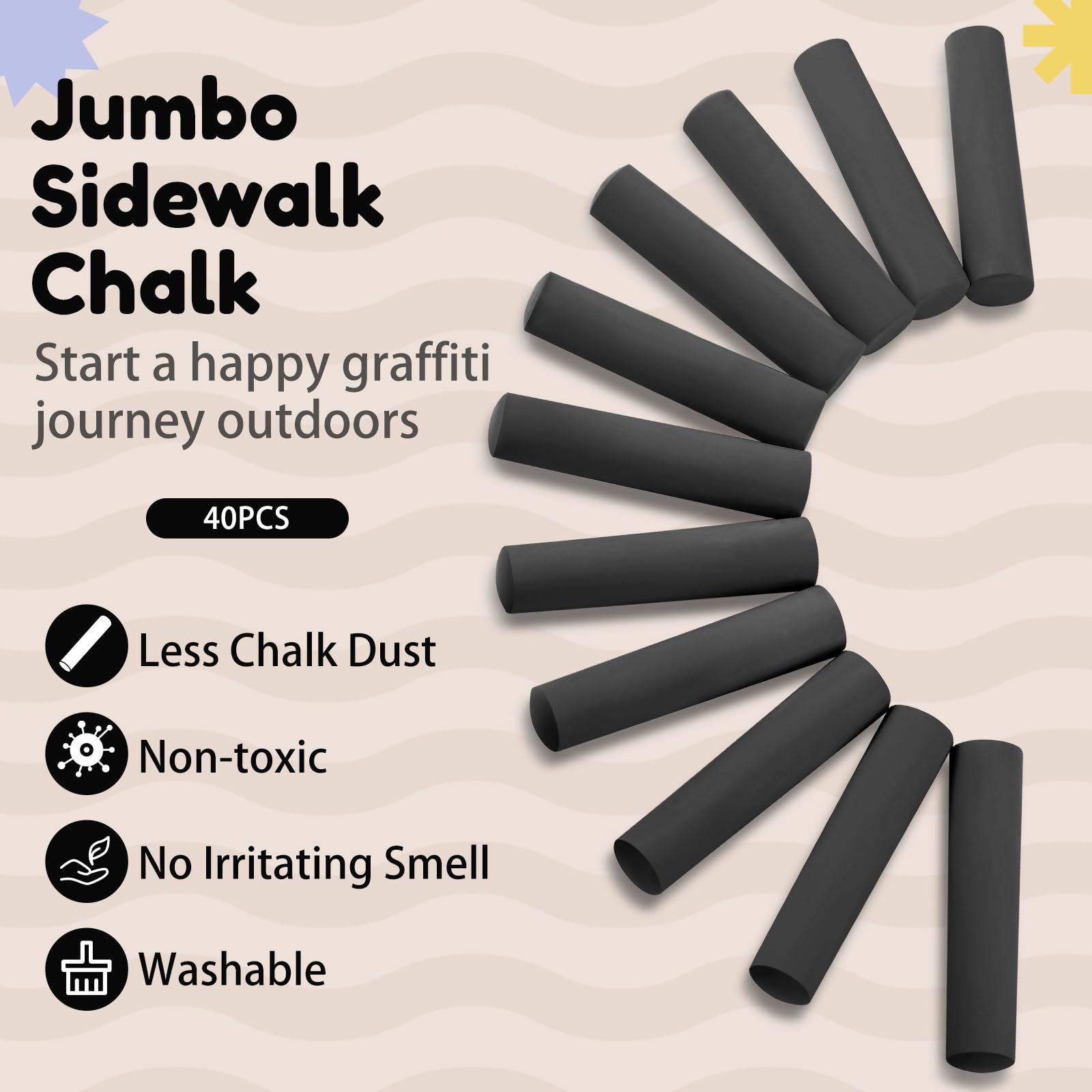 Fulmoon 40 Pcs Jumbo Non-Toxic Sidewalk Chalk for Kids & Adults - Large Washable Outdoor Chalk for Street Art, Drawing, Painting, Graffiti & Classroom Activities (Black, Round Style) - Perfect for Birthday Parties, School Projects & Summer Outdoor Fun
