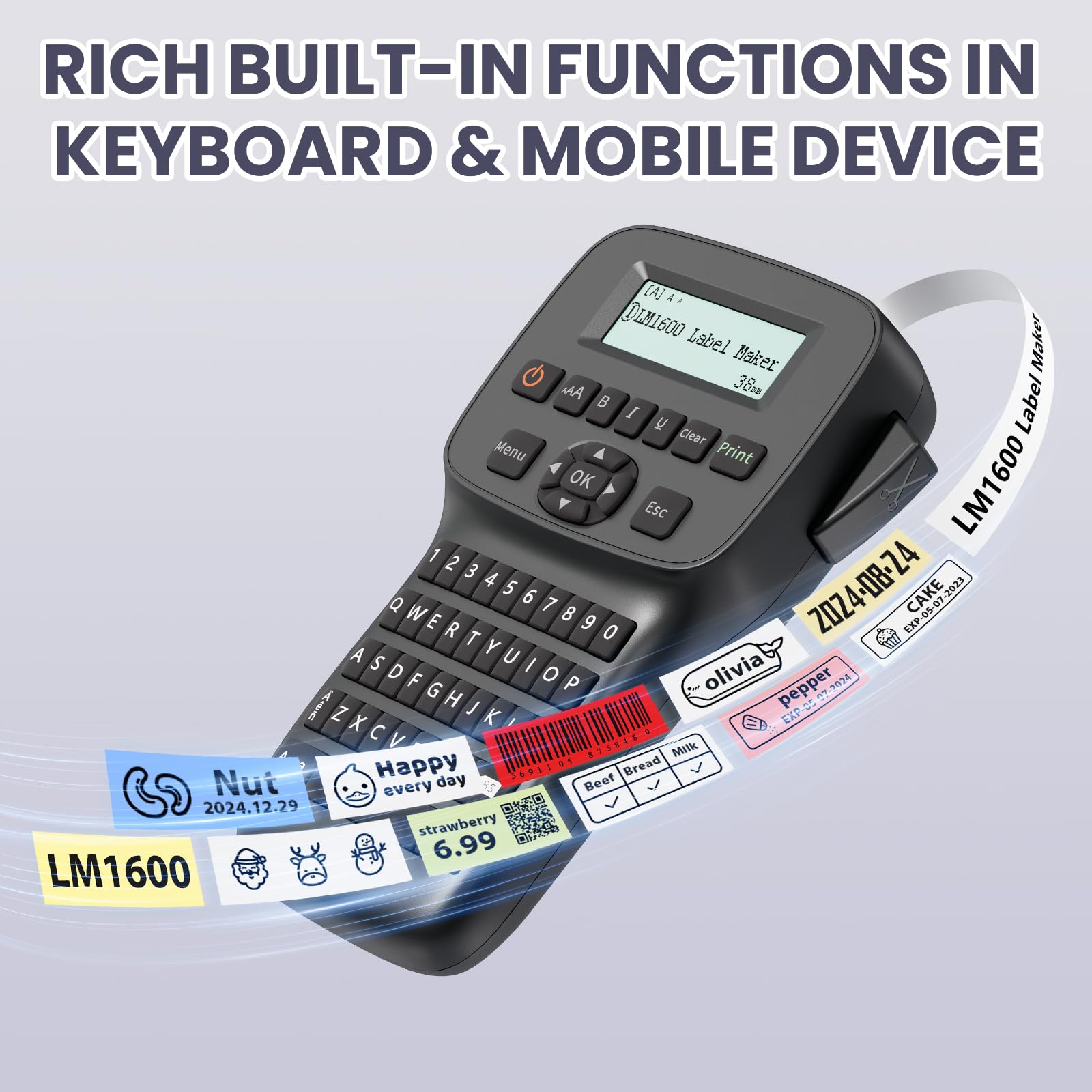 Waterproof Rechargeable Label Maker Machine with Backlit Screen & Bluetooth - Portable Keyboard Labeler with Tapes for School, Office, Industrial Use - LM1600 Black - Perfect for Organizing Files, Storage Boxes, and Equipment Labeling